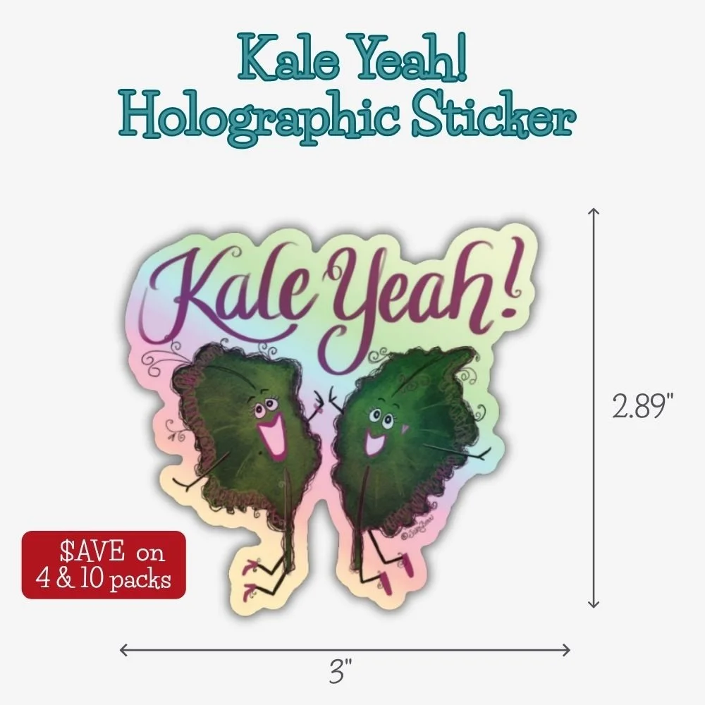Holographic Kale Yeah sticker with smiling watercolor kale leaves that sparkle while spreading encouragement and healthy vibes.