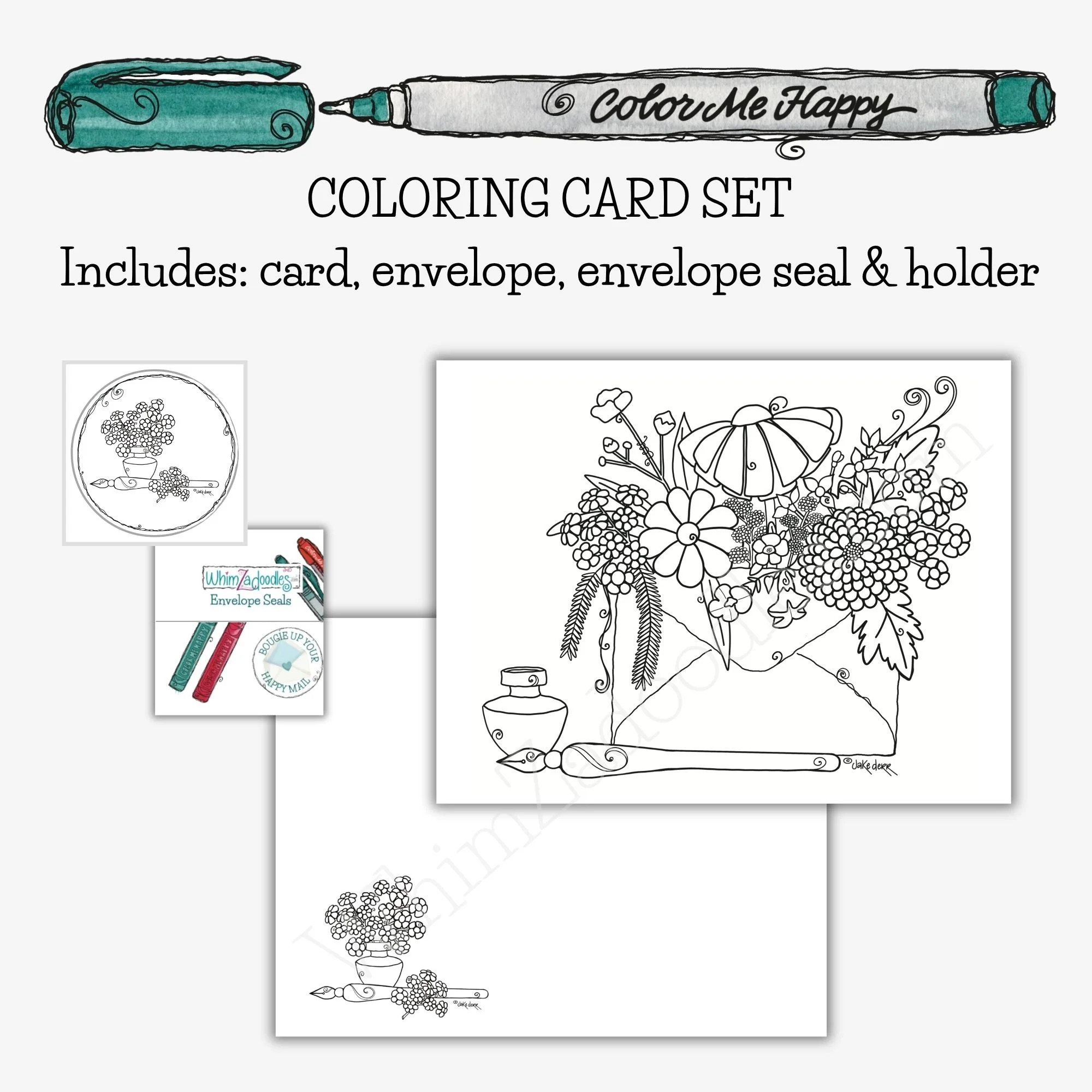 black and white floral line drawing card paired with matching illustrated envelope and round seal
