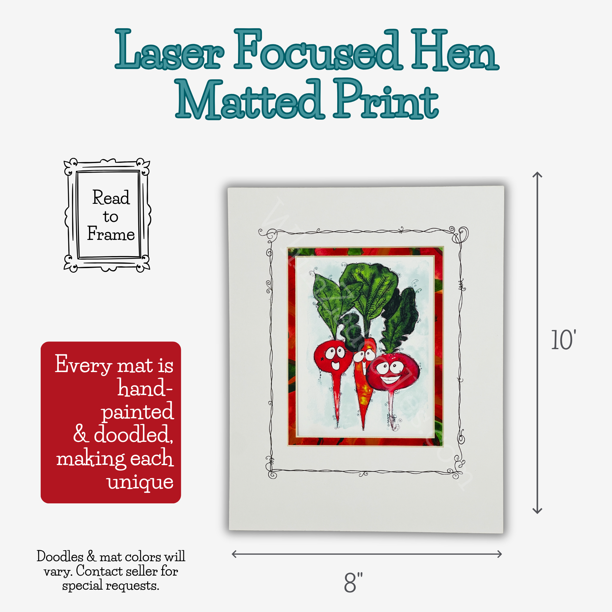 Rooting for You watercolor root vegetable art shown matted with dimensions and ready to place in your own frame.