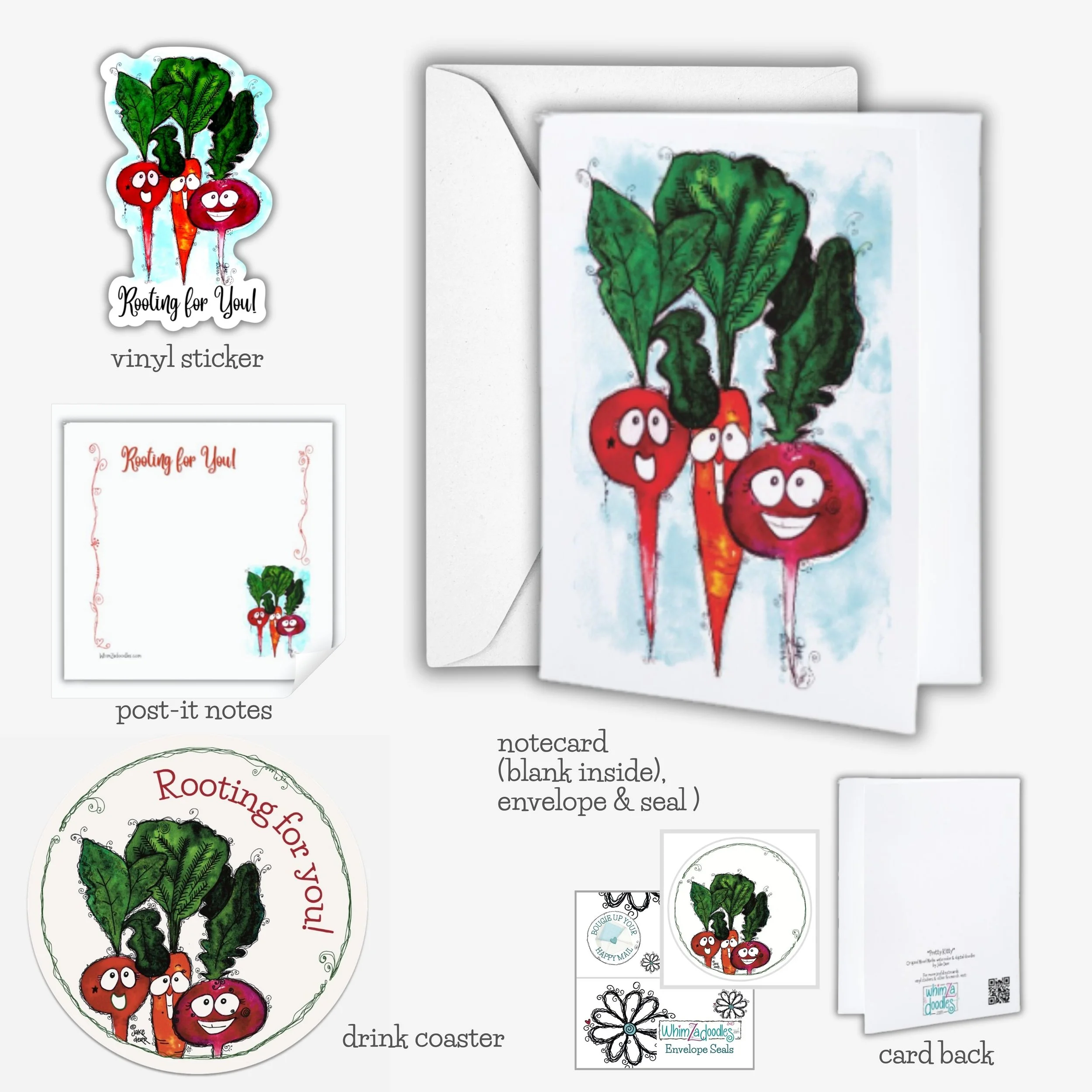 Rooting for You collection of cheerful veggie artwork on notecards, stickers, sticky notes, drink coasters, and envelope seals. Perfect for Happy Mail, thoughtful gifts, and meaningful connection.