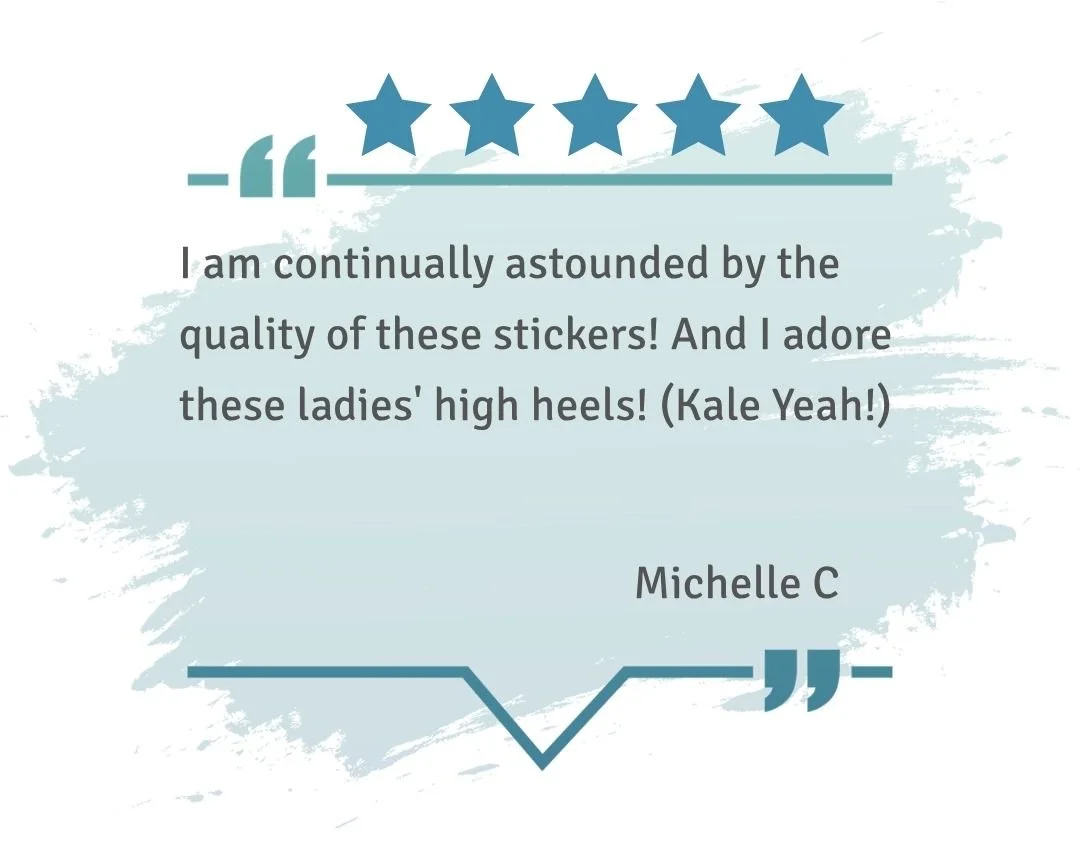 Five-star review praising high-quality Kale Yeah stickers and playful leafy green characters wearing stylish high heels