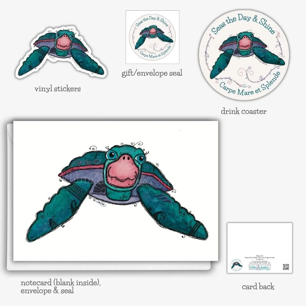 Seamore Sea Turtle collection featuring watercolor notecard, vinyl sticker, coaster, and gift seals with uplifting coastal artwork.