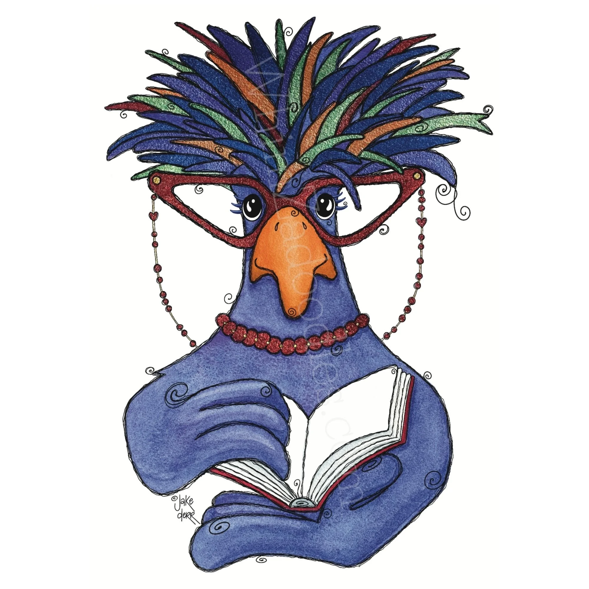 Colorful watercolor Polish crested chicken named Peri Winkleton wearing red cat-eye glasses and a bobble necklace while holding an open book.