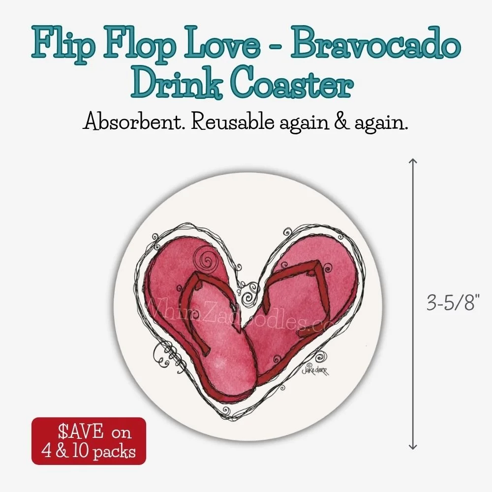 Round Flip Flop Love absorbent drink coaster shown with size reference featuring whimsical watercolor heart flip flops for beach homes and summer gifts.