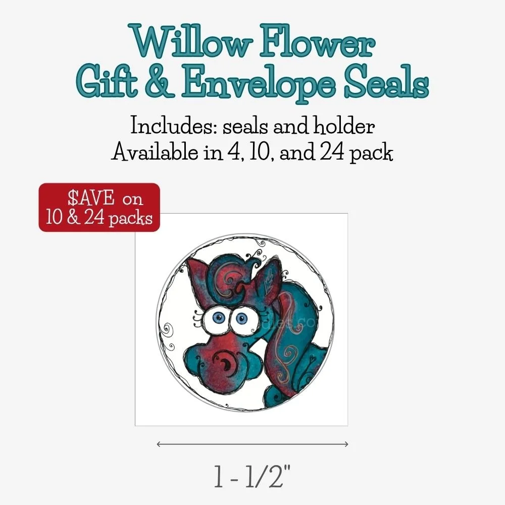 Matching Willow Flower gift and envelope seal featuring the whimsical teal watercolor horse with expressive eyes and flowing doodle details.