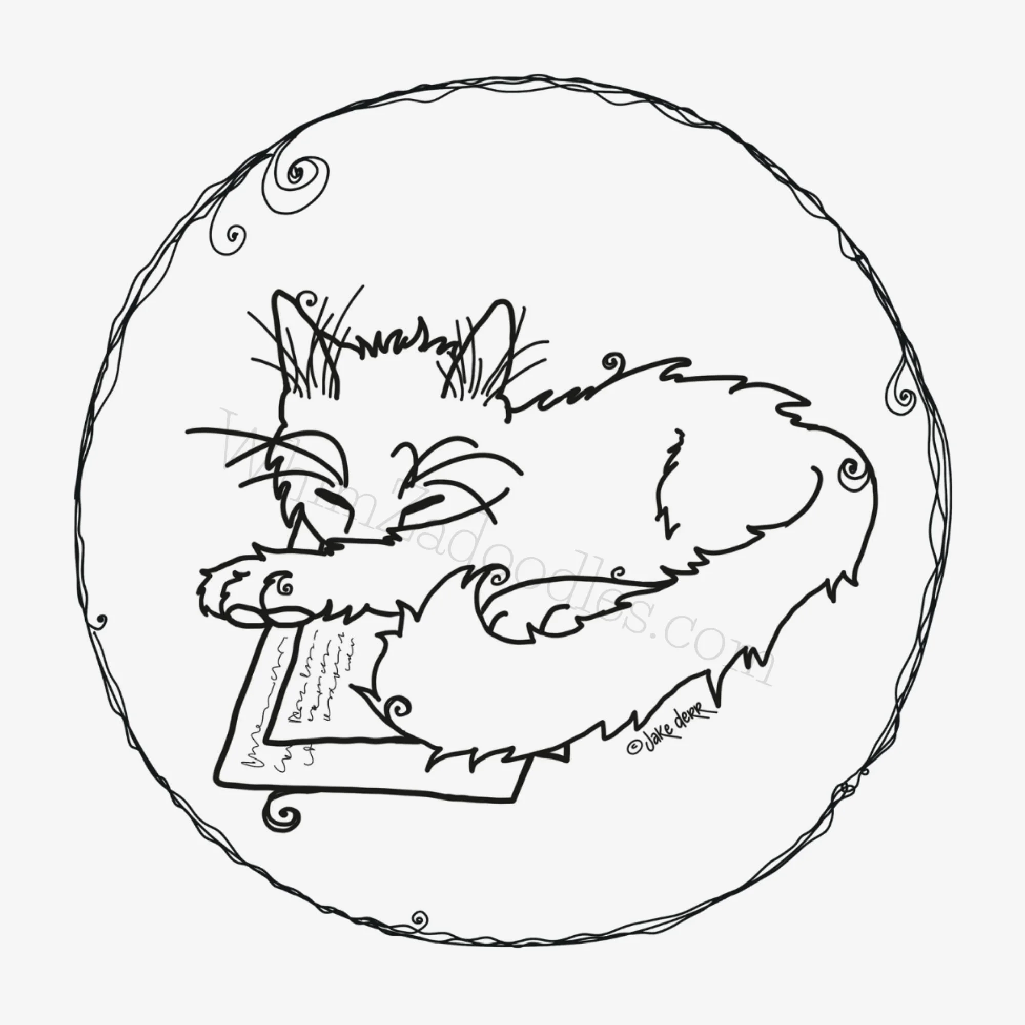 round kitten seal design with curled sleeping cat illustration in simple line style