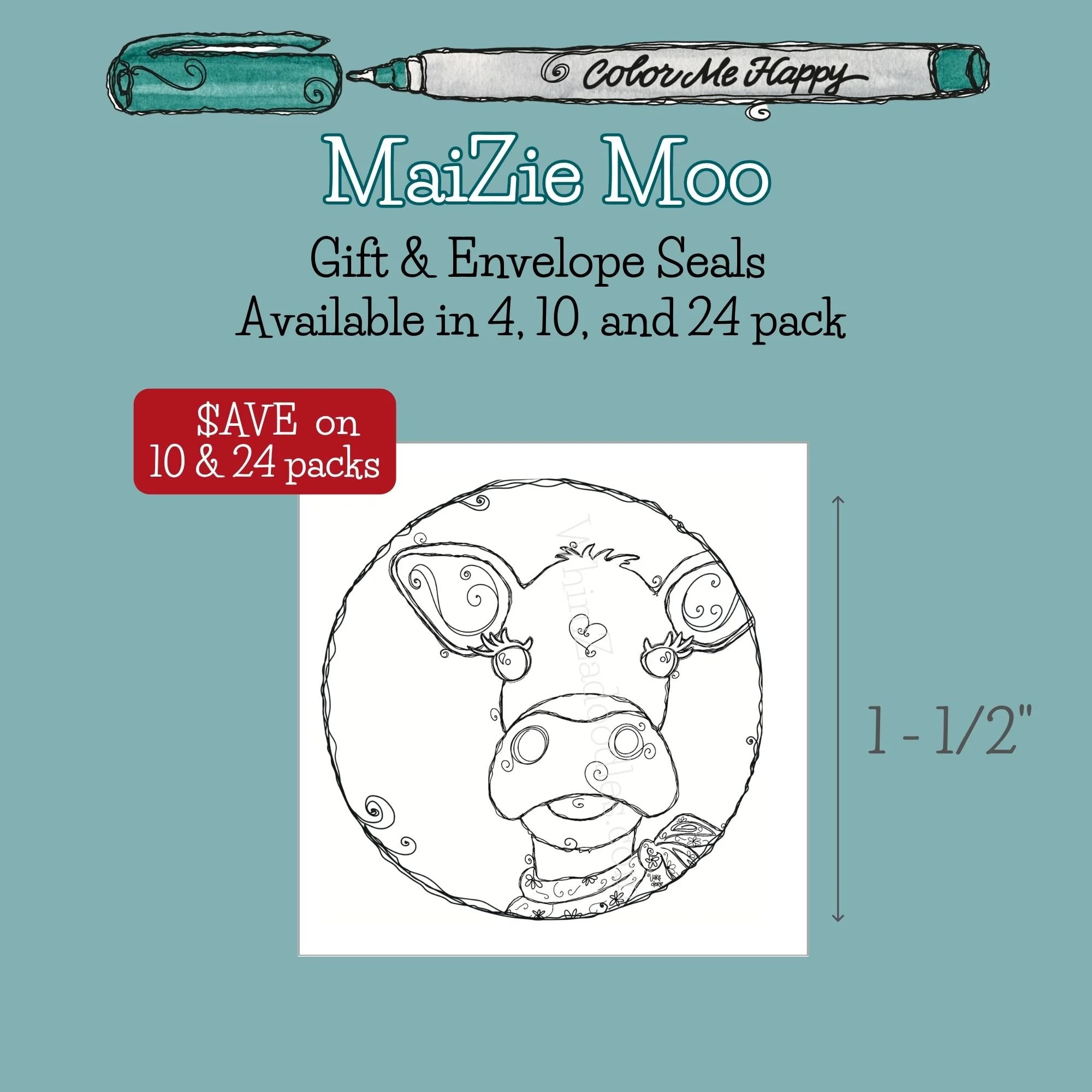 Color Me Happy envelope and gift seals featuring whimsical MaiZie Moo calf artwork ready to personalize with markers, pencils, or gel pens.