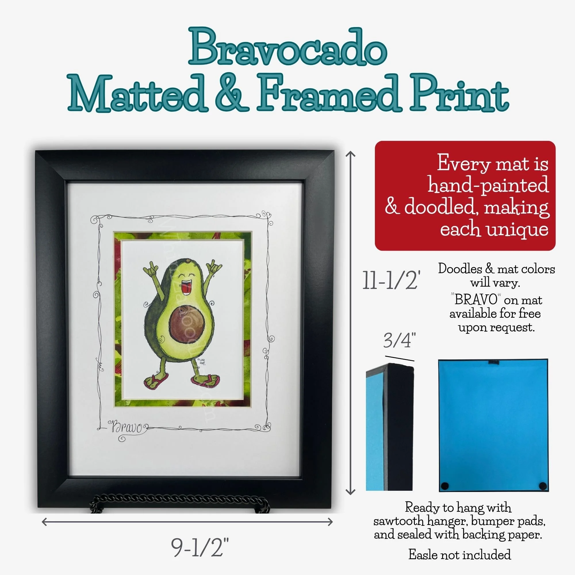 Bravocado avocado art shown matted and framed with dimensions, featuring vibrant green and rose red hand-painted mat details and doodles.