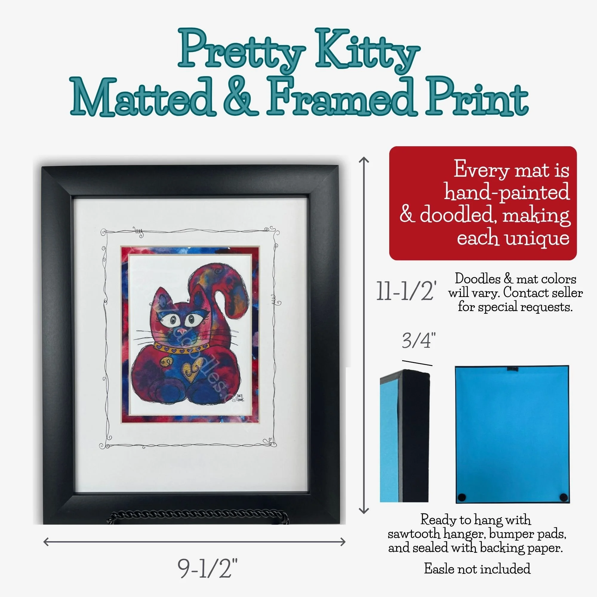 Framed Pretty Kitty cat artwork with dimensions, colorful hand-painted mat, doodled details and matte-black frame