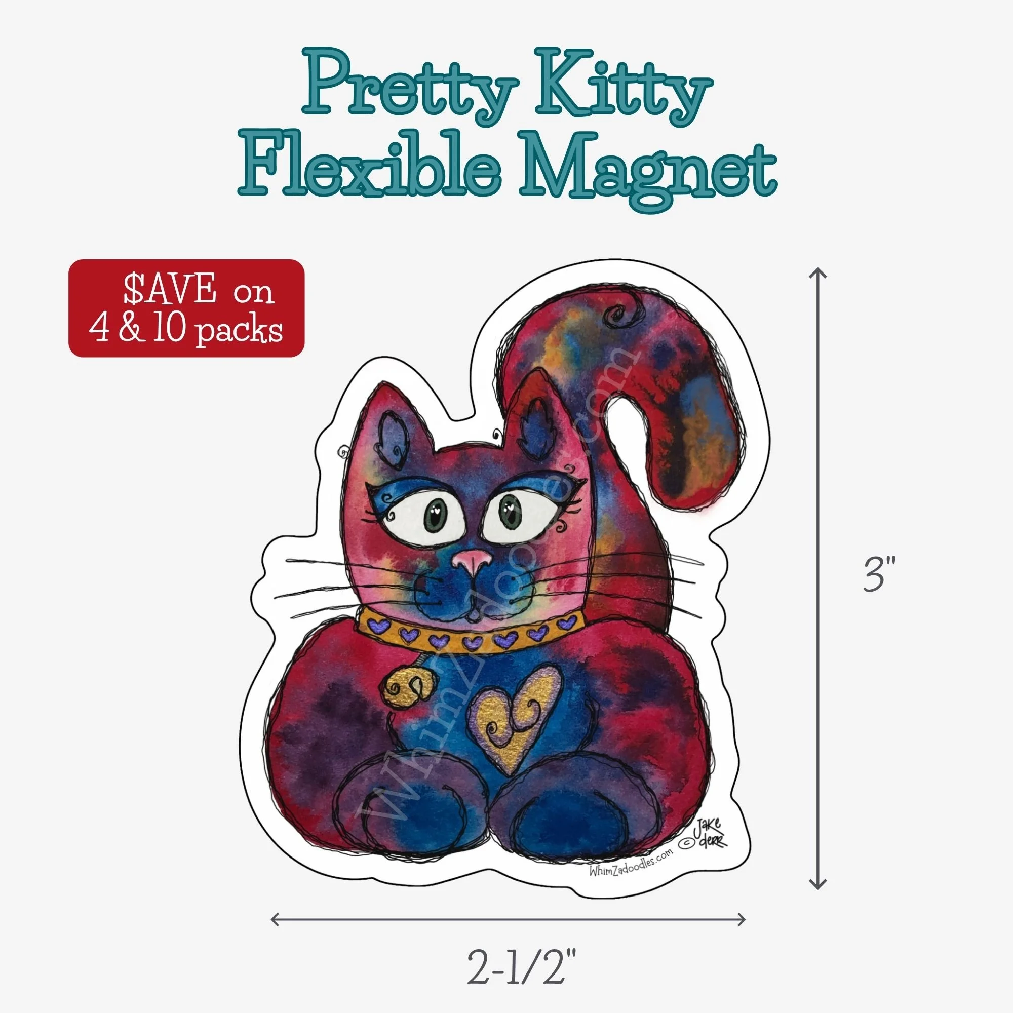 Flexible refrigerator magnet featuring Pretty Kitty watercolor cat artwork designed to brighten kitchens, offices, and lockers.