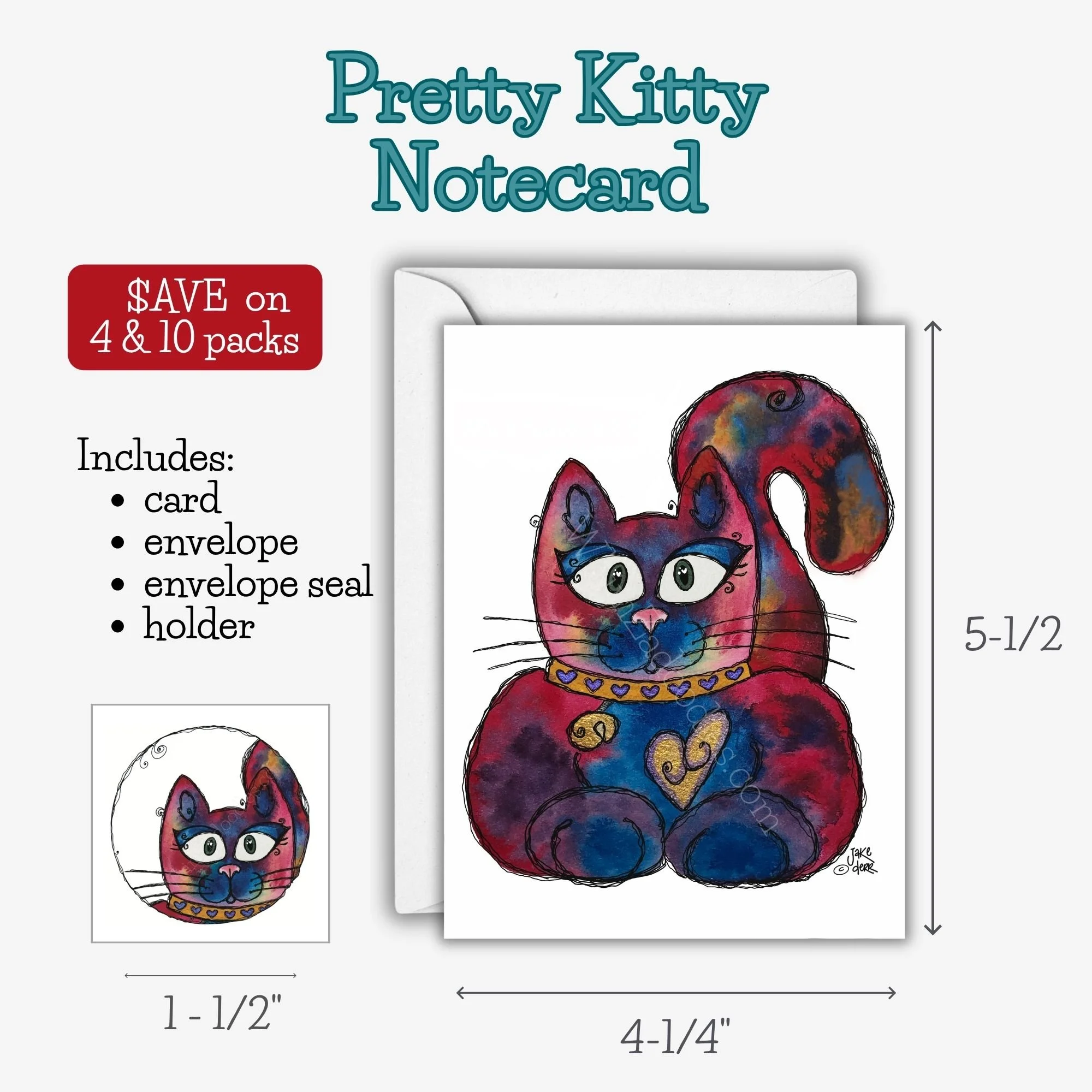 Whimsical Pretty Kitty watercolor cat greeting card with colorful artwork and blank interior for a personal message.