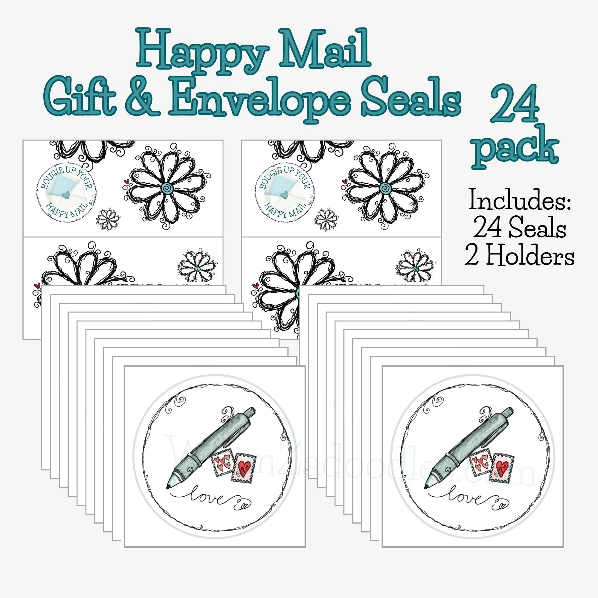 Twenty-four Happy Mail envelope seals arranged together, ideal for frequent mail senders and bulk gifting