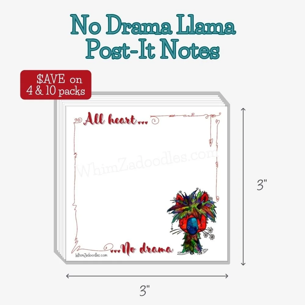 No Drama Llama watercolor Post-it Note pad with whimsical llama artwork perfect for uplifting reminders, lunchbox notes, planner pages, office messages, and encouraging happy mail.