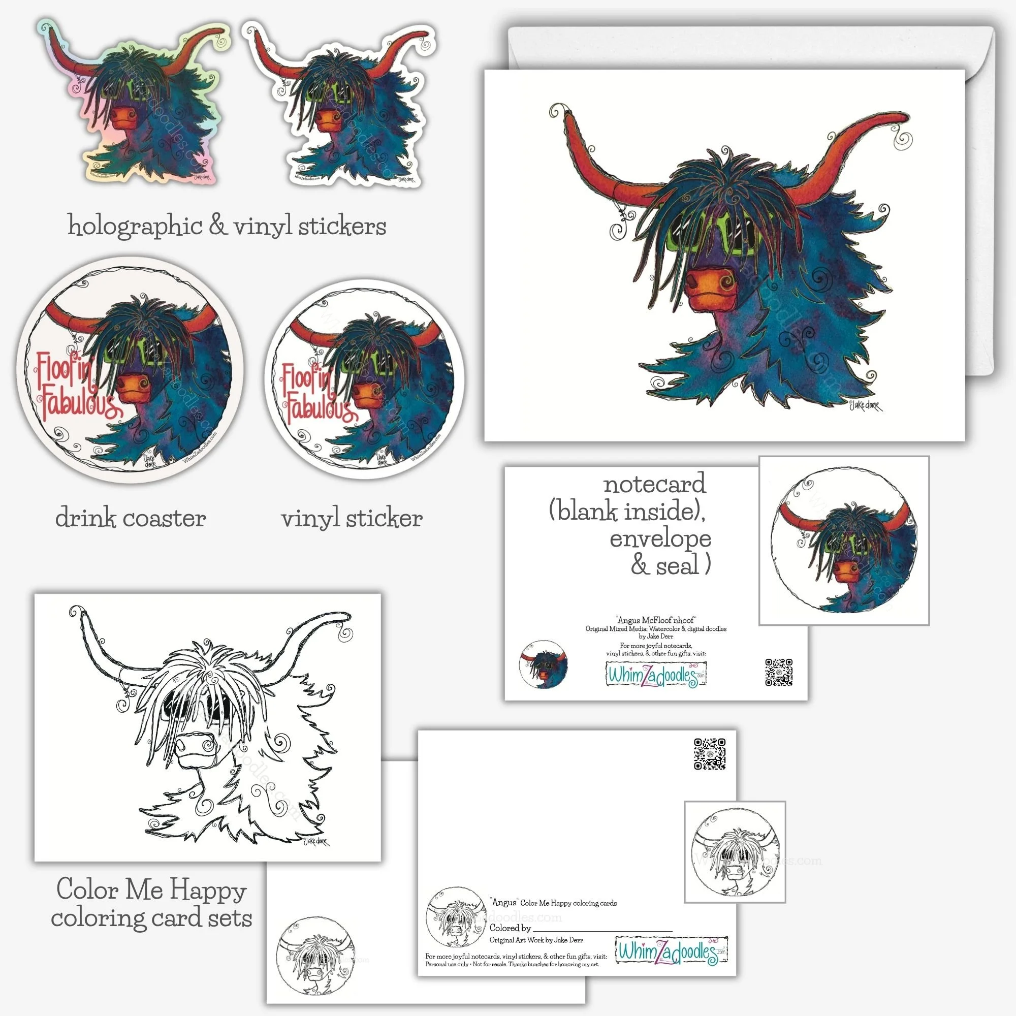 Whimsical Angus McFloof’nHoof collection featuring colorful Highland cow artwork on cards, stickers, coasters, seals, and coloring gifts.
