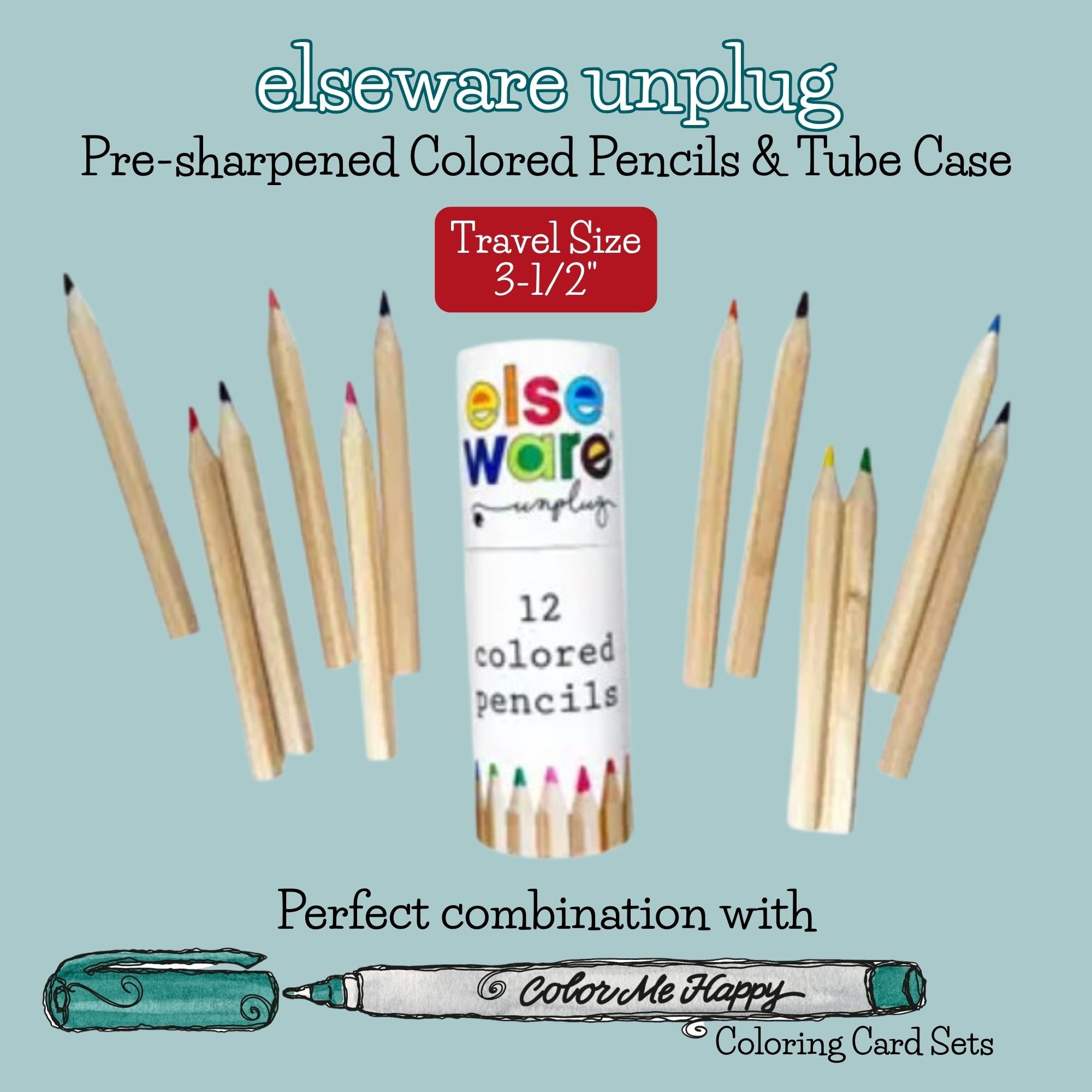 Twelve mini colored pencils displayed outside their reusable cardboard travel tube for on-the-go creativity.