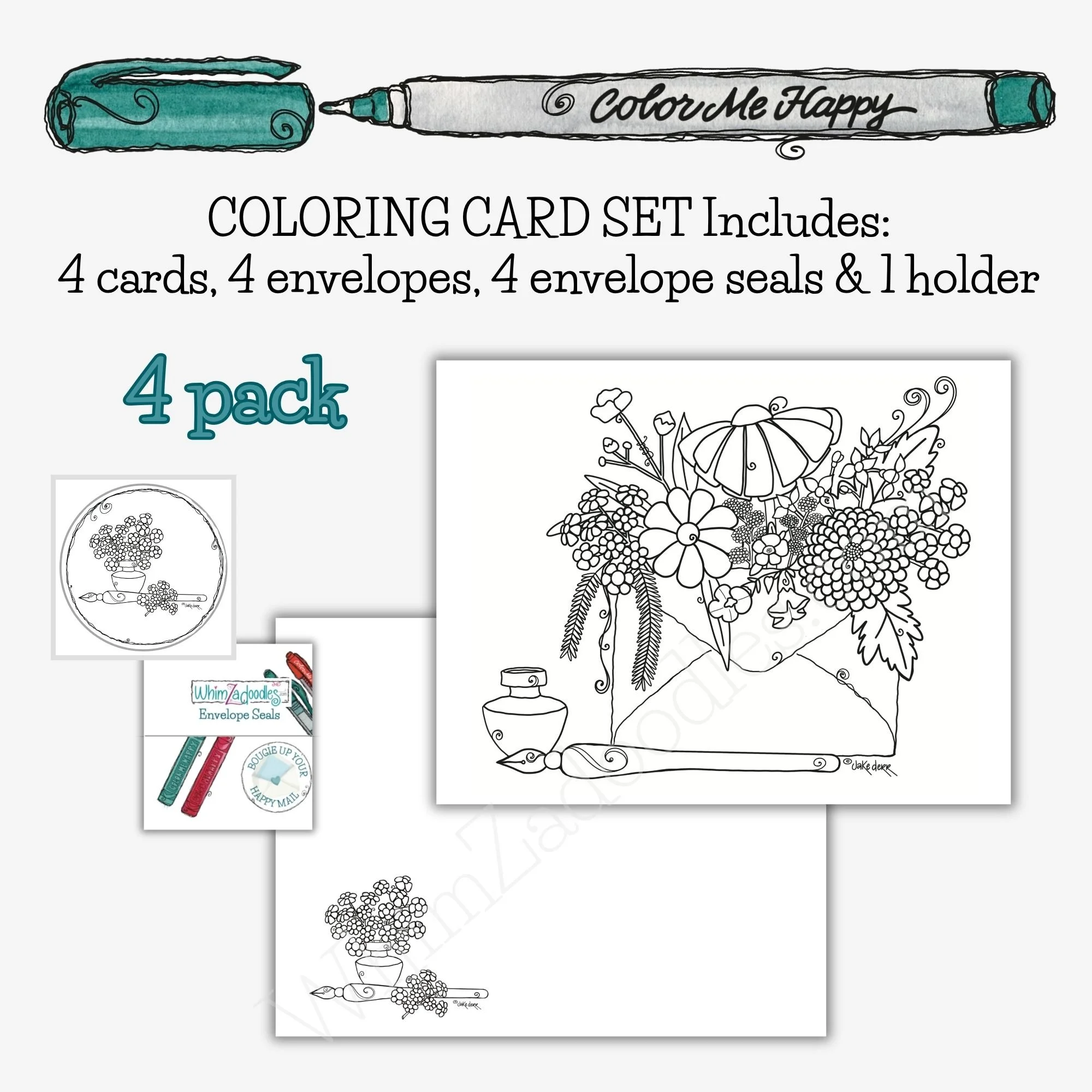 four floral line art envelope seals grouped together for coloring and decorating mail