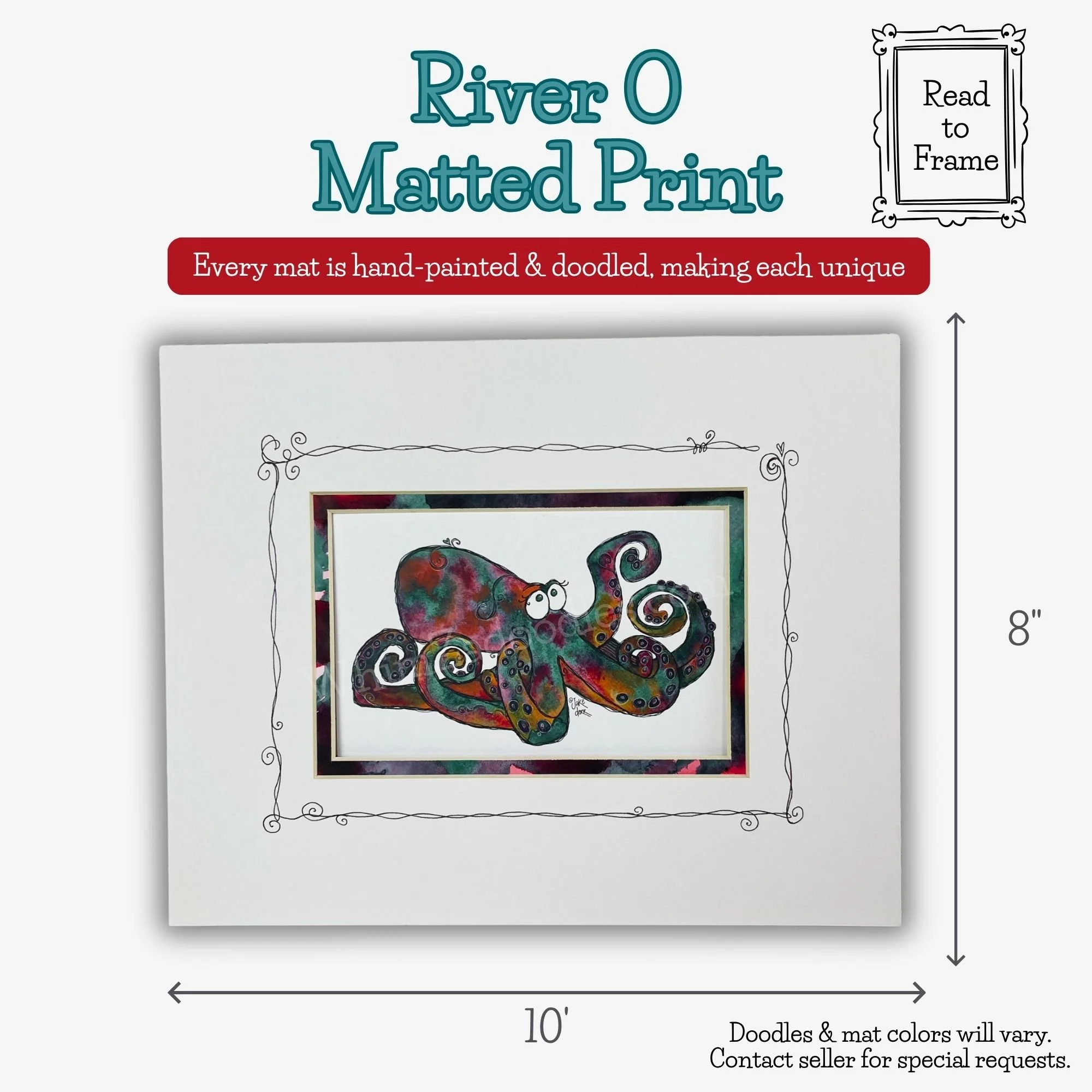 River O the Octopus watercolor art matted and ready to frame, shown with dimensions and a hand-painted doodled mat.