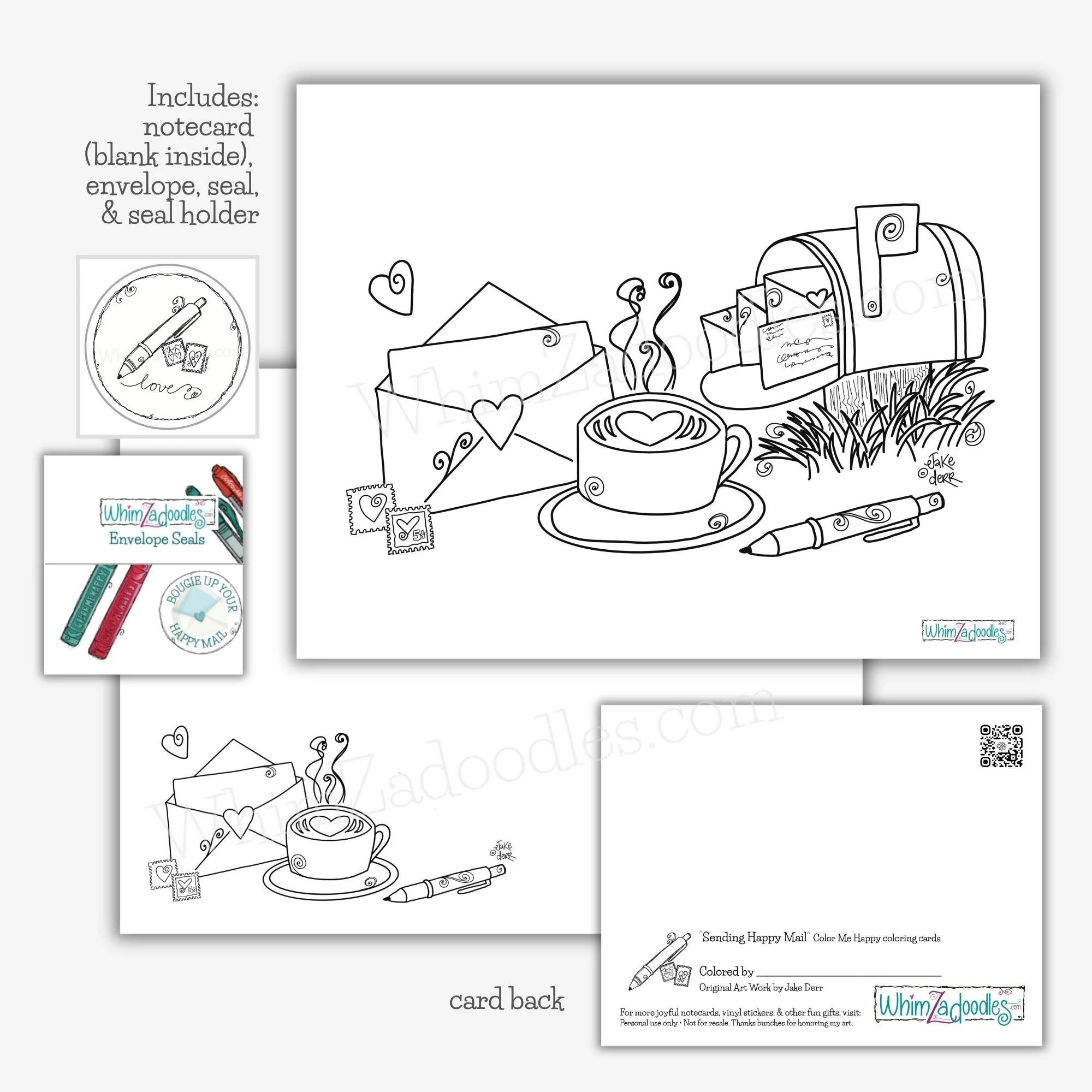 Sending Happy Mail coloring card collection with line-art card, envelope, and coordinating seal