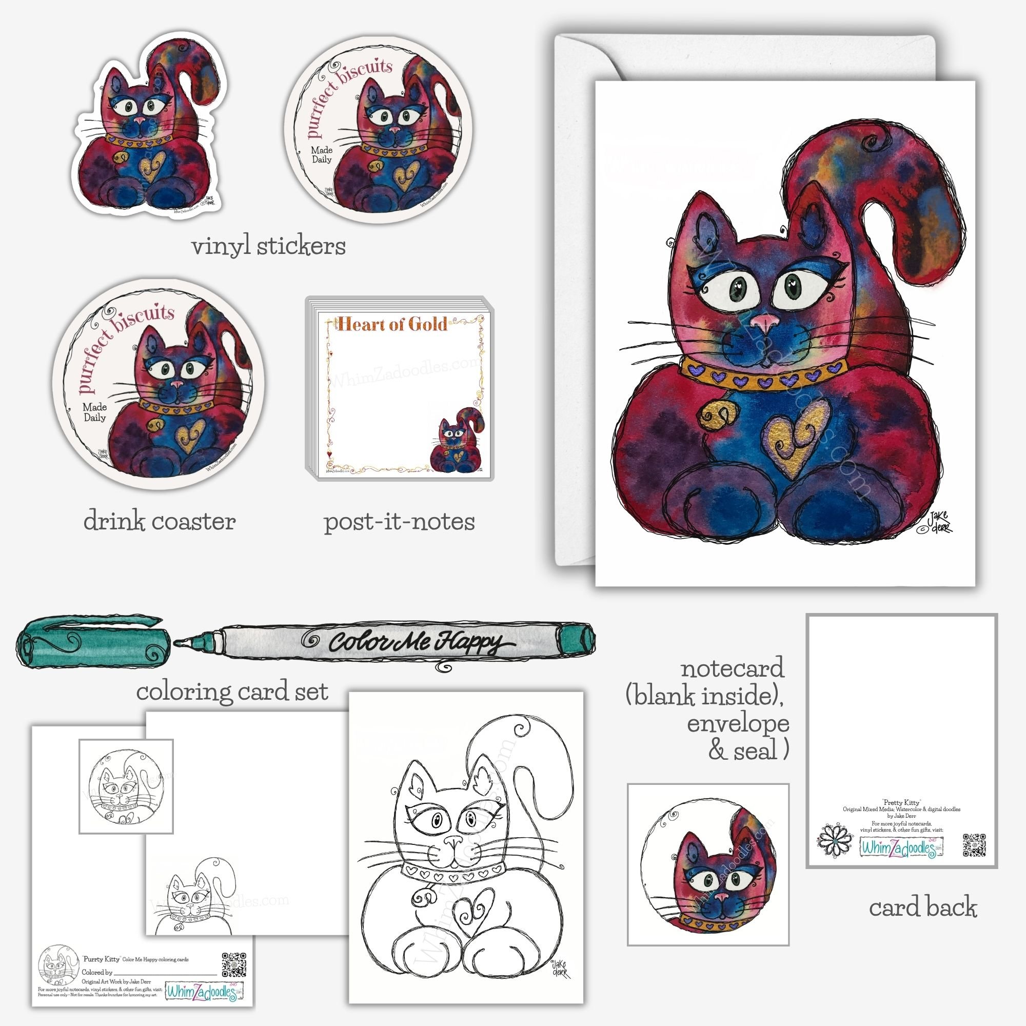 Pretty Kitty collection featuring watercolor cat notecards, stickers, glitter stickers, magnets, drink coasters, envelope seals, and colorful gift ideas.