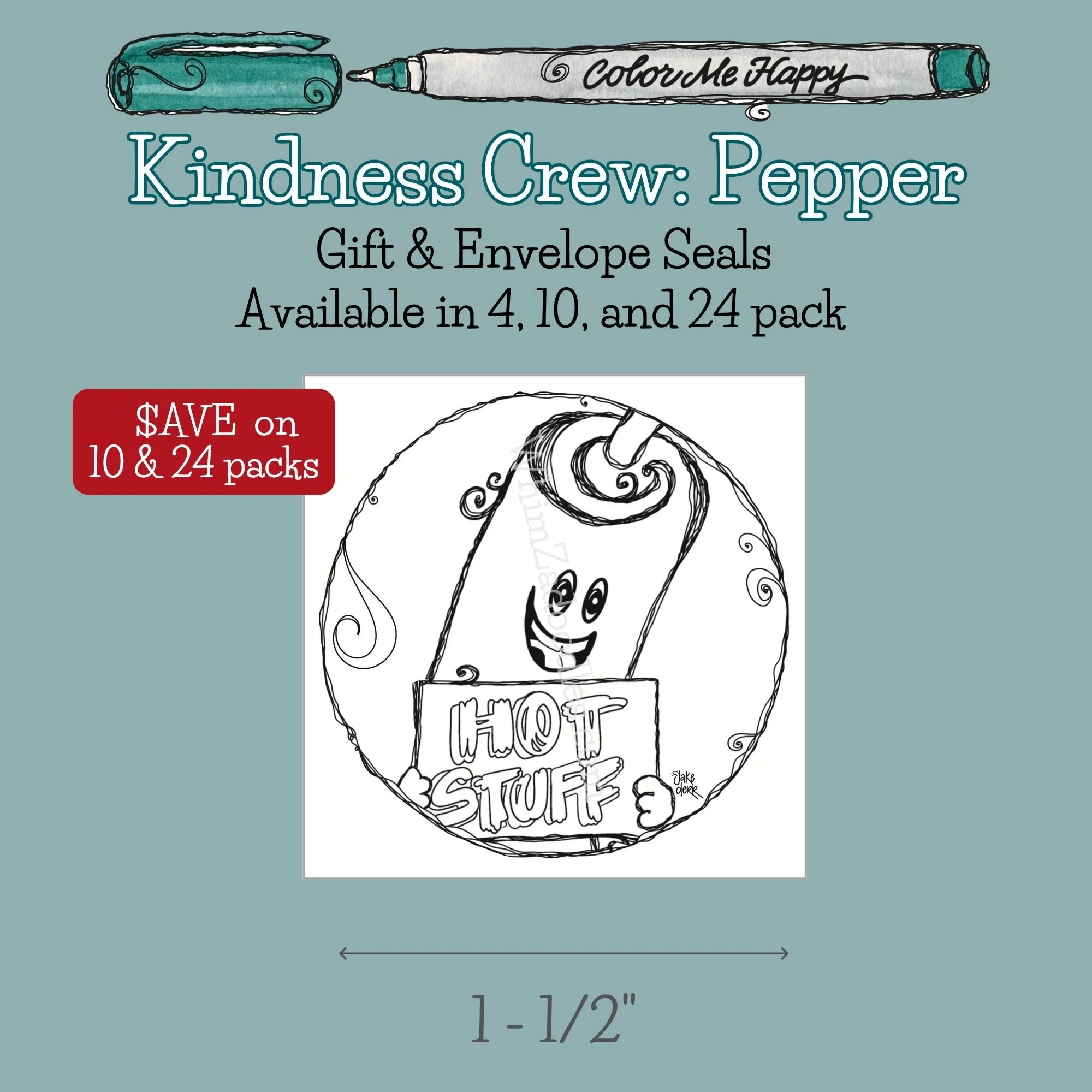 Colorable envelope and gift seal featuring Pepper the chili pepper from the Color Me Happy Kindness Crew collection.