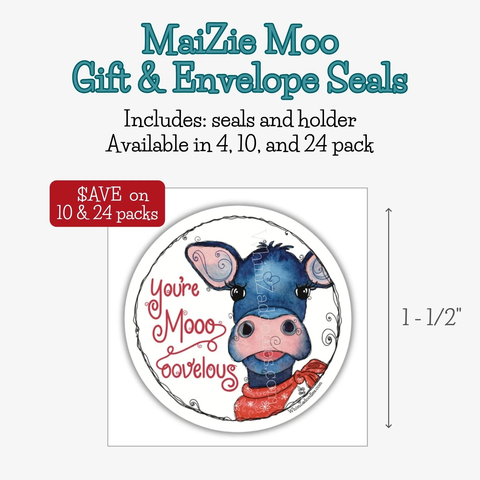 Colorful MaiZie Moo envelope and gift seals featuring whimsical watercolor calf artwork for happy mail, gifts, and packaging.