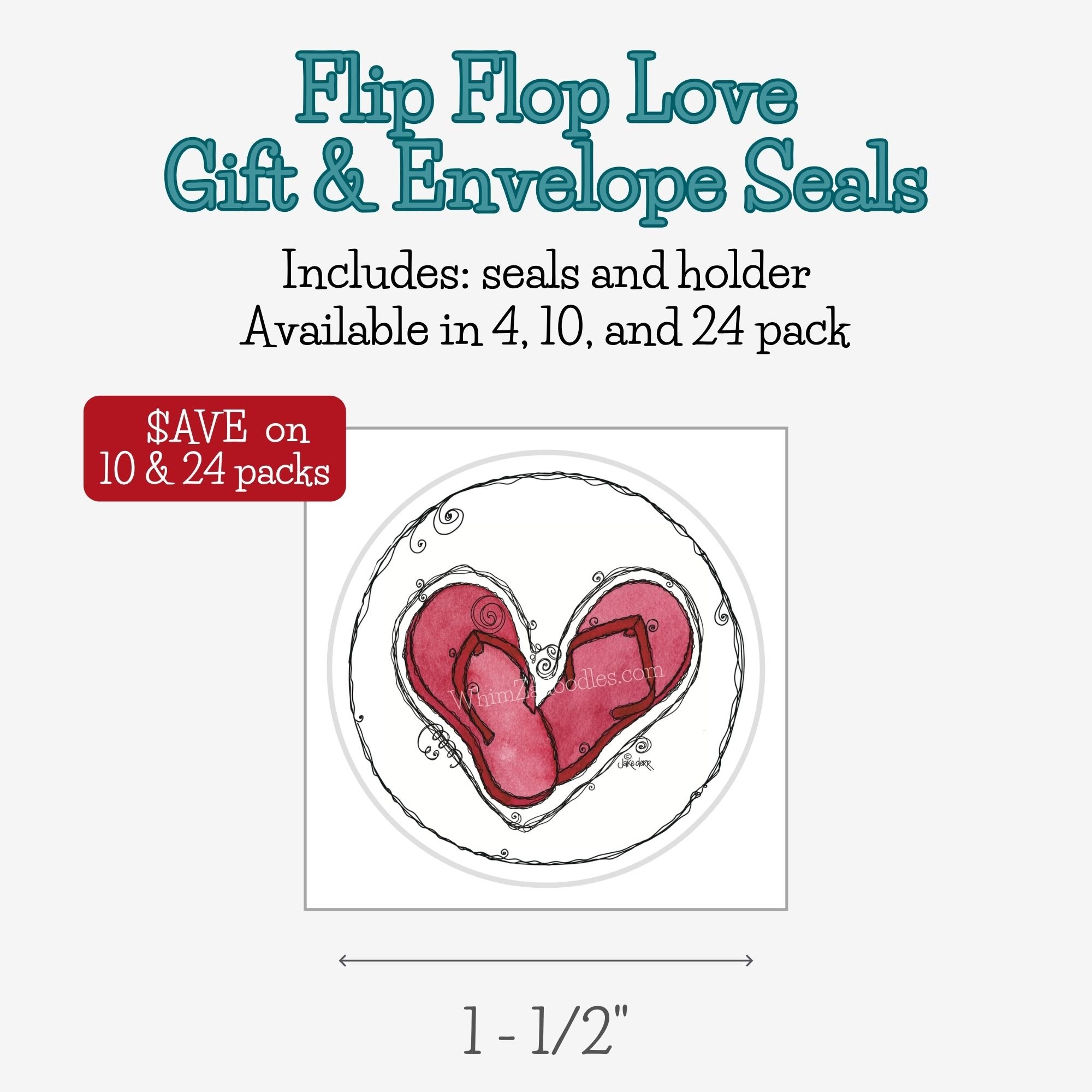 Round Flip Flop Love envelope seal featuring colorful heart-shaped flip flops with whimsical doodled details.