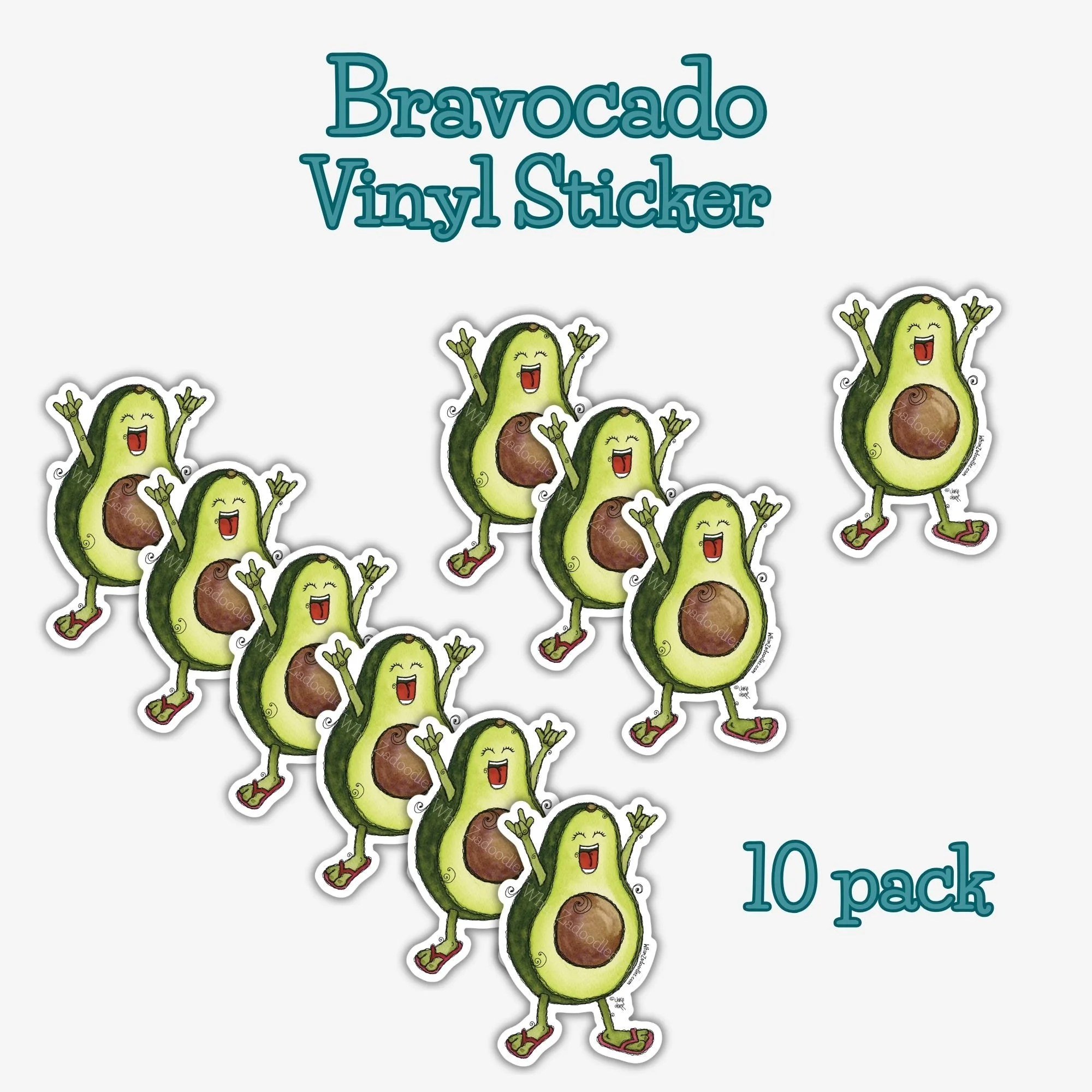 Ten waterproof avocado stickers grouped in a set with repeated cheerful “I love you” design for gift giving