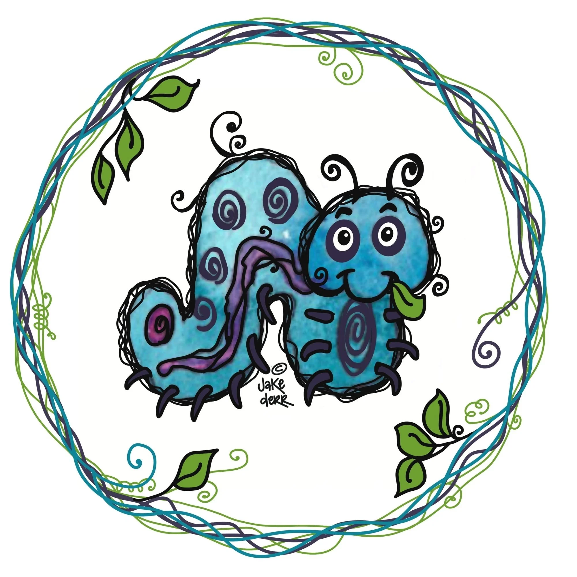 Whimsical blue caterpillar with curly antennae eating a green leaf, surrounded by vine circle border, shown as envelope seal sticker