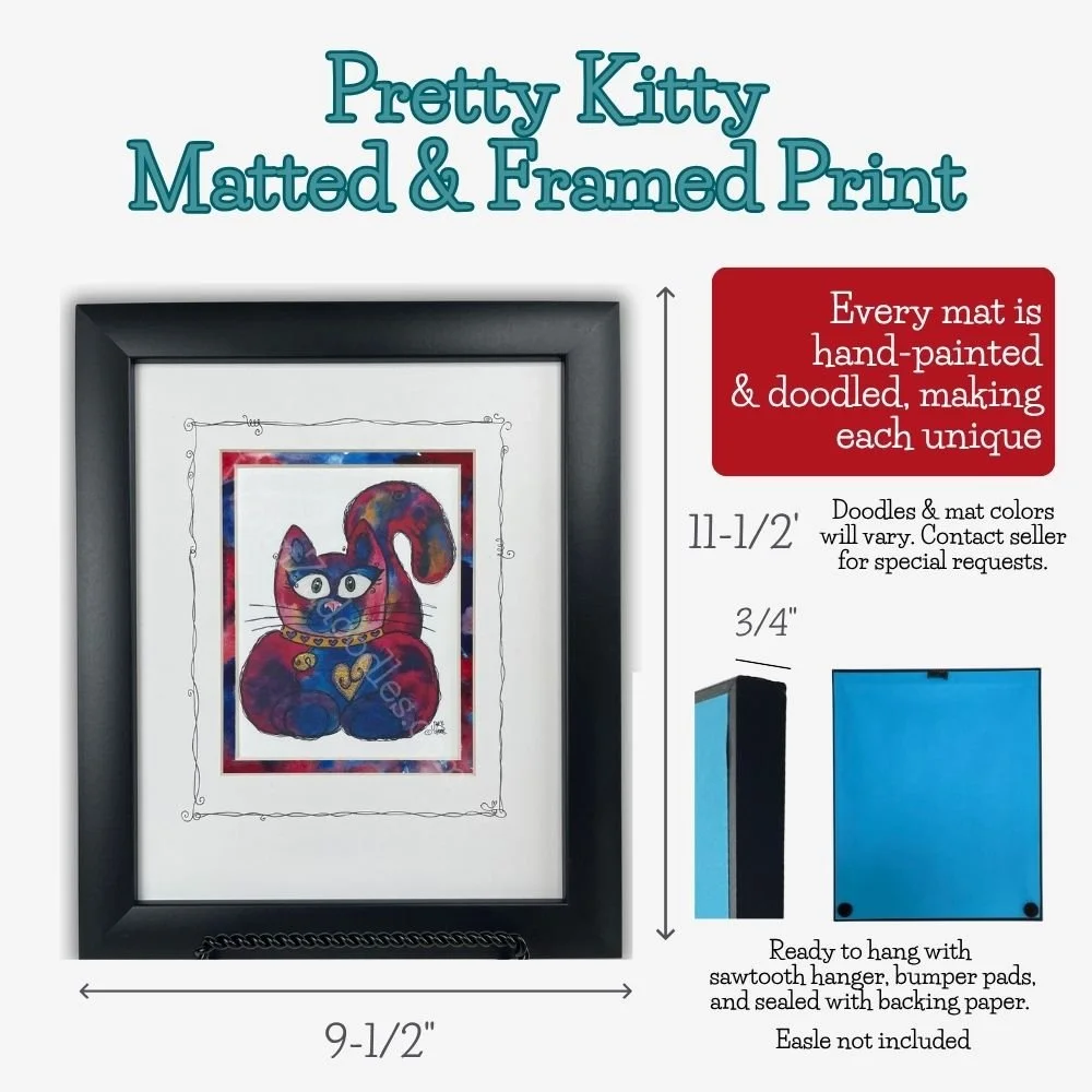 Sweet cat matted and framed watercolor art shown with dimensions.