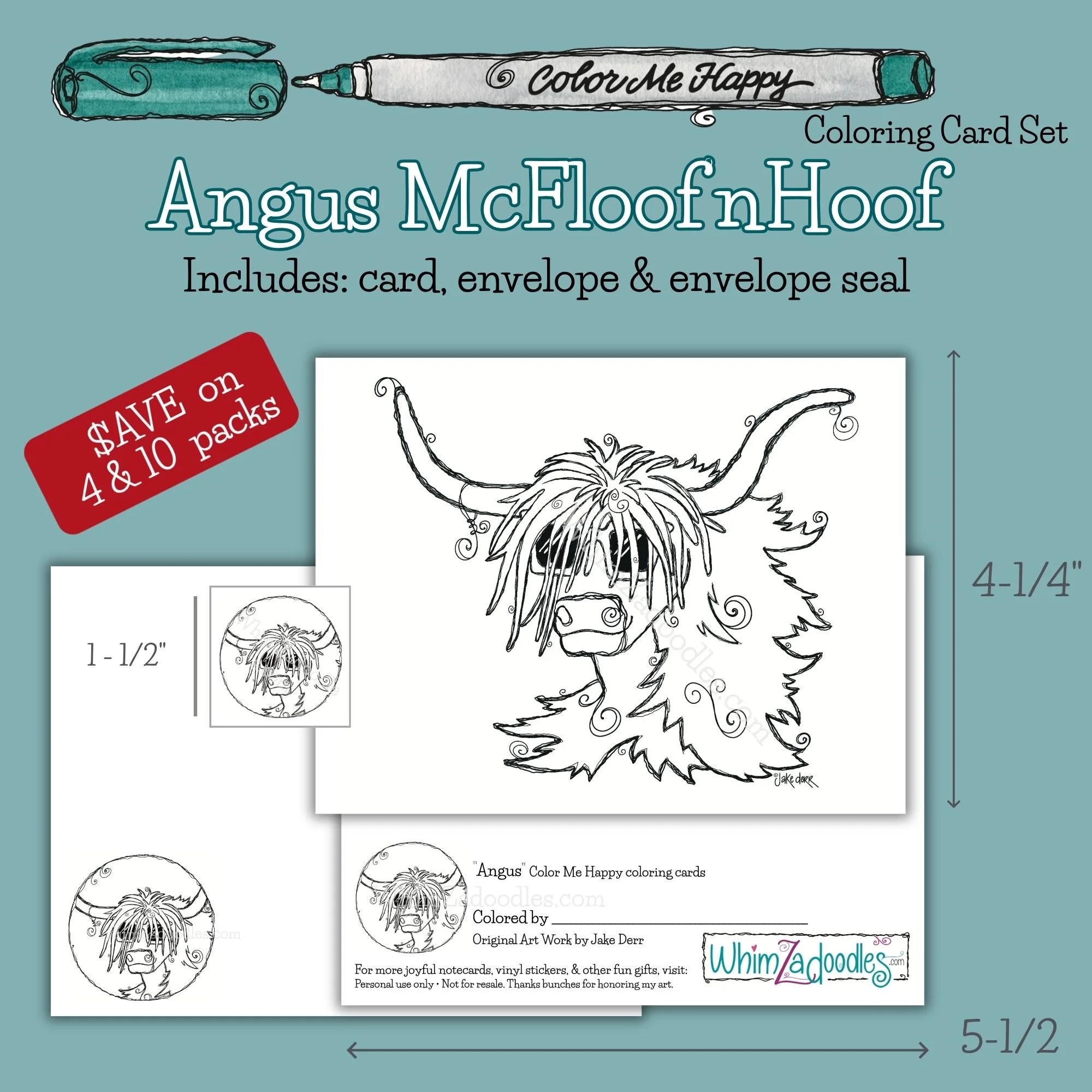 Color-your-own Highland cow greeting card set featuring Angus McFloof'nHoof line art with matching envelope and seal for creative Happy Mail.