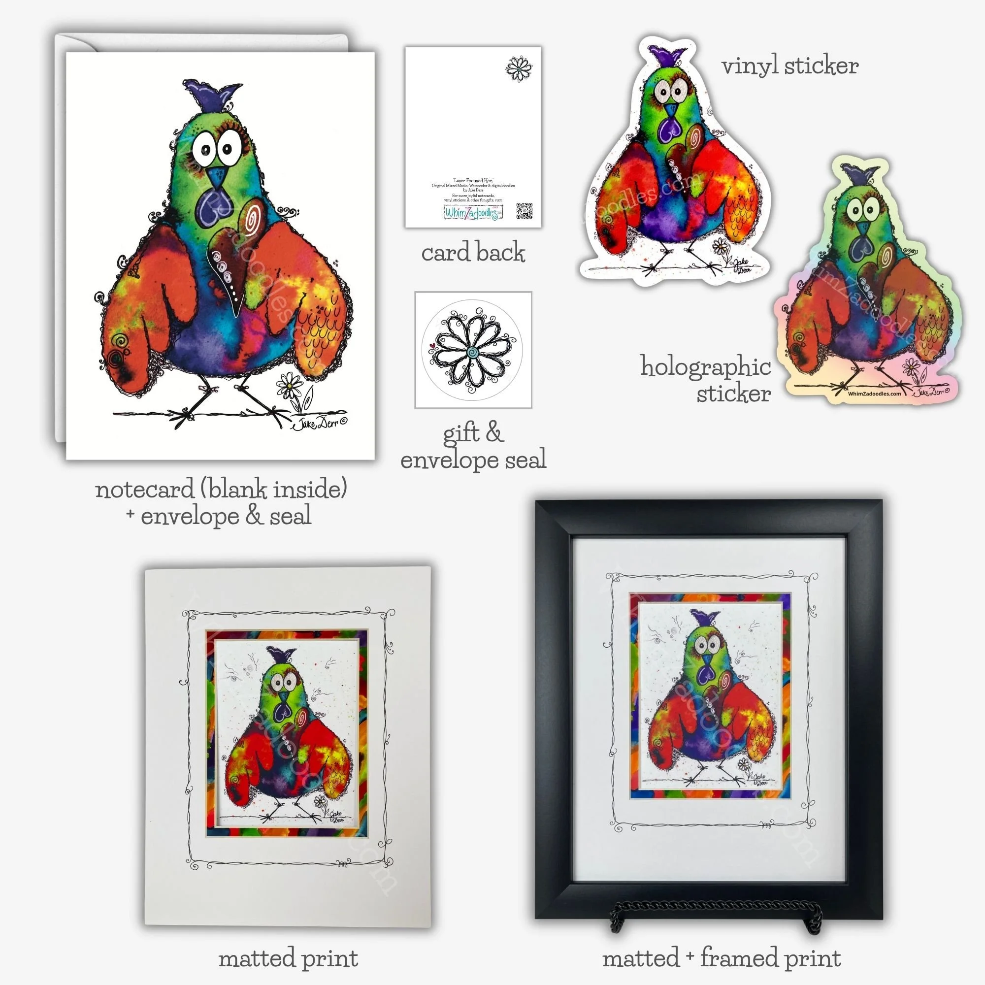 Laser Focused Hen watercolor art collection featuring the vibrant hen with colorful plumage and her determined, goal-focused personality.