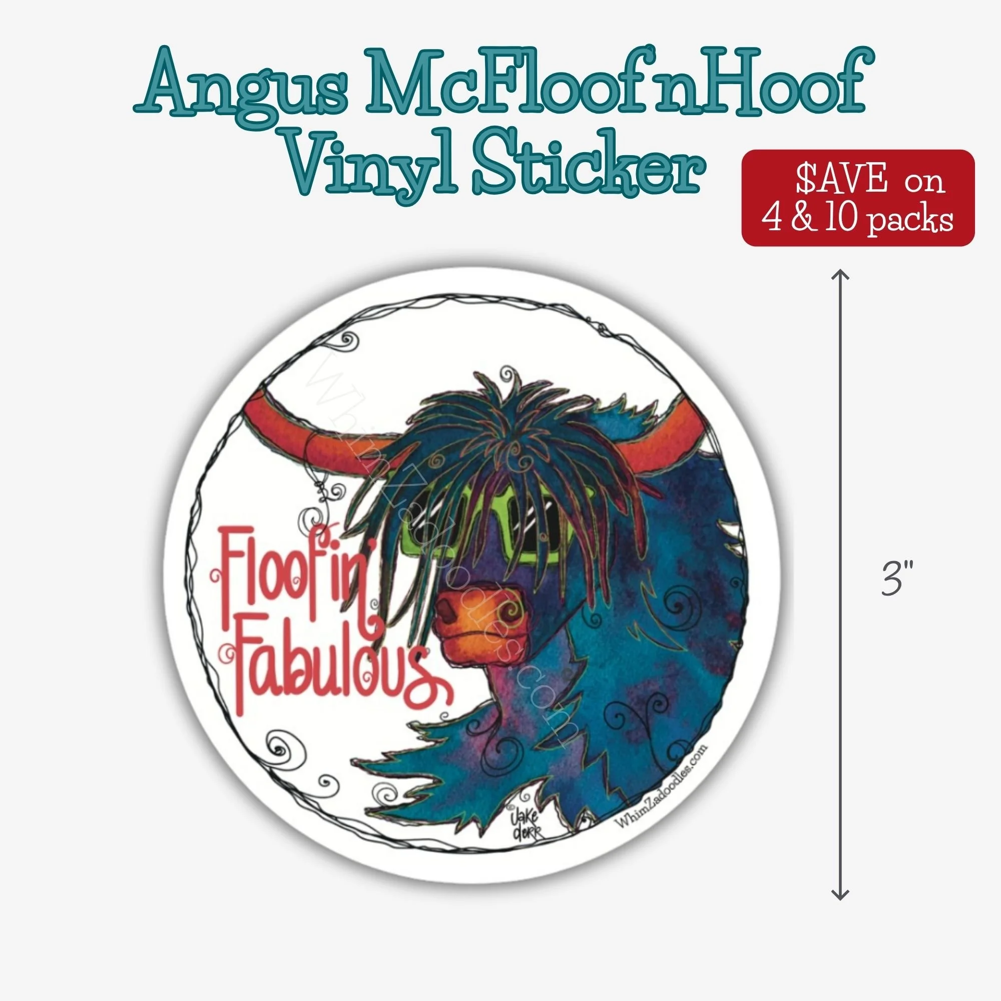 Round Floofin’ Fabulous sticker featuring Angus McFloof’nHoof, a colorful shaggy Highland cow wearing lime green sunglasses.