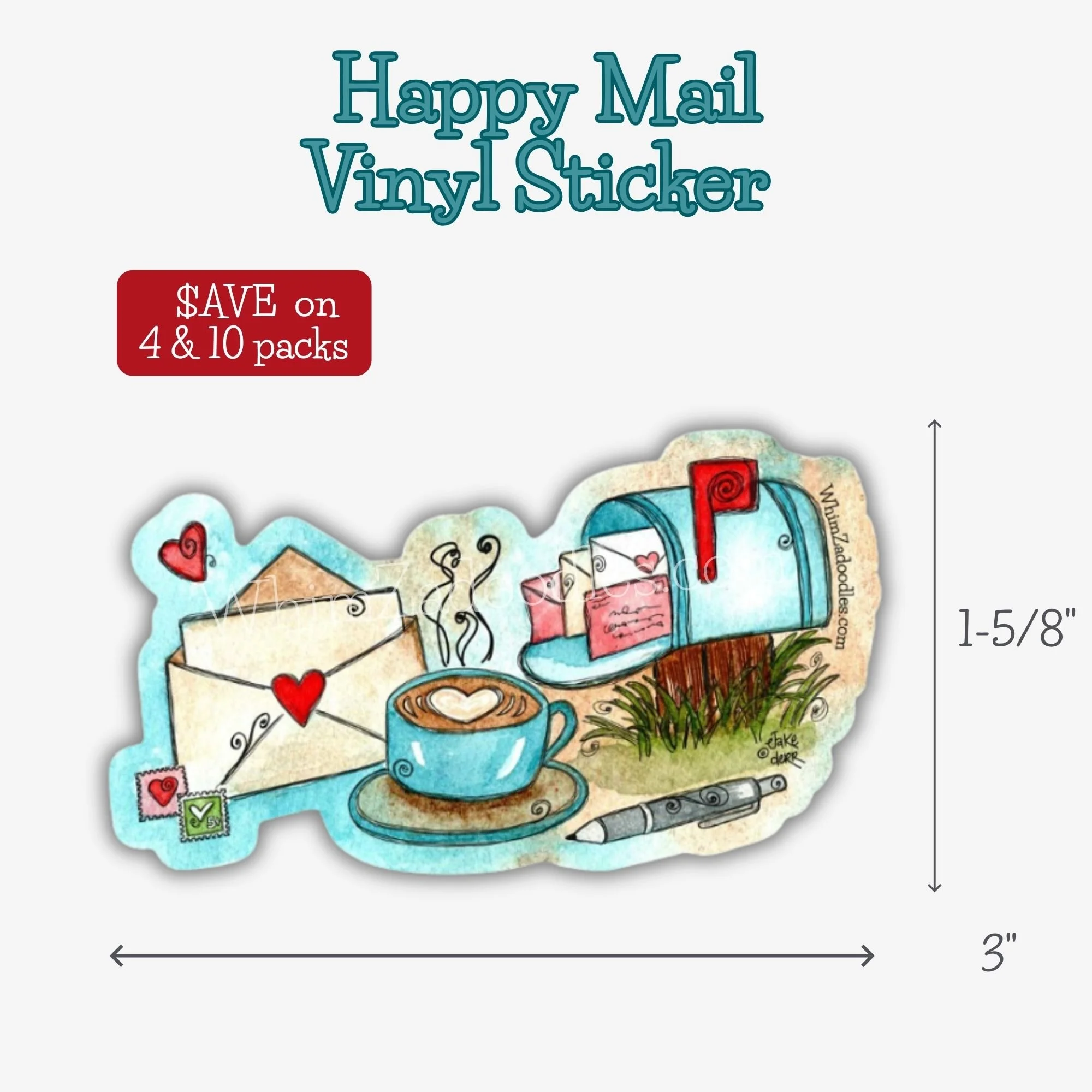 Sending Happy Mail vinyl sticker with whimsical mailbox and happy mail artwork for water bottles, laptops, and journals.