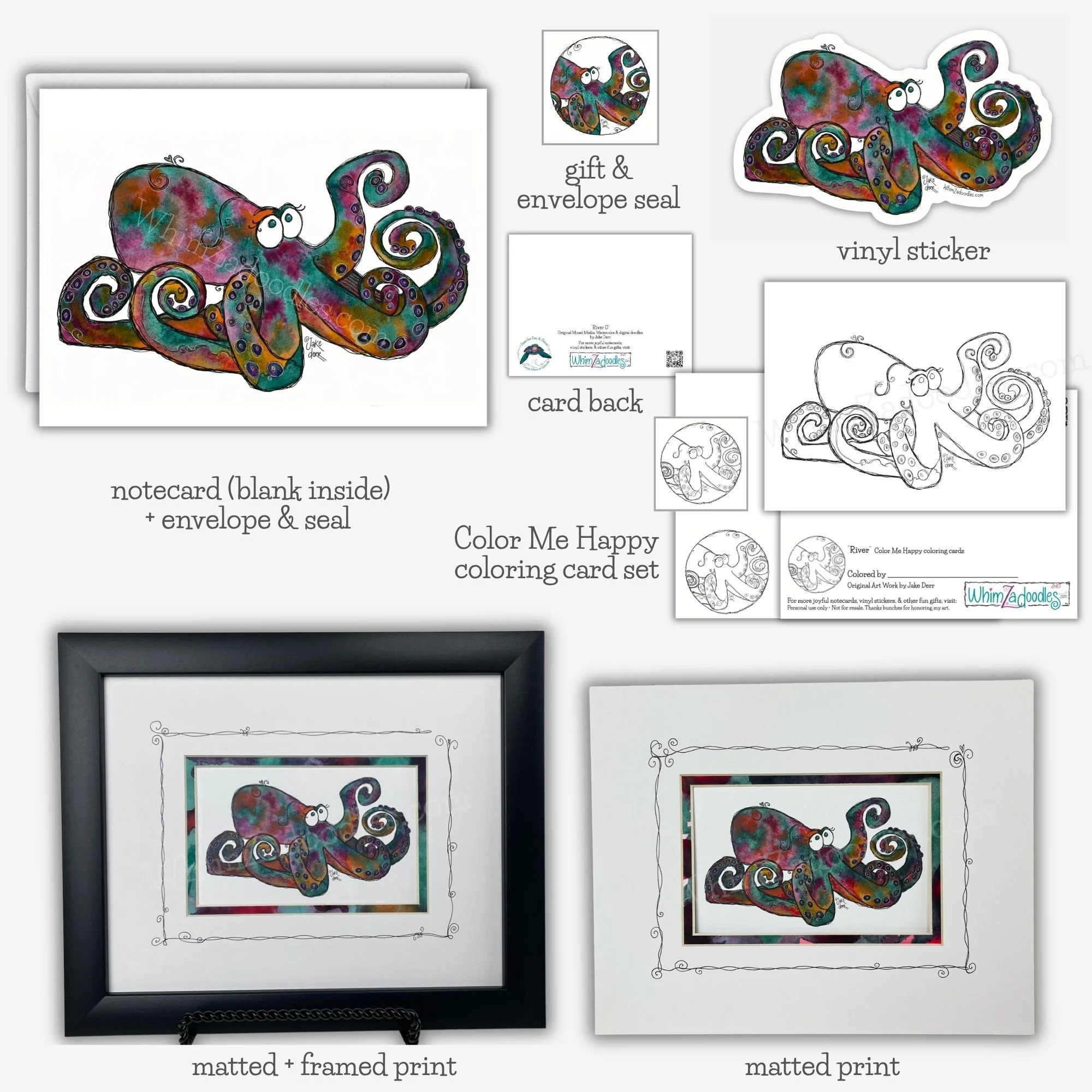 River O the Octopus WhimZadoodles collection featuring colorful watercolor octopus art and coordinating gifts.