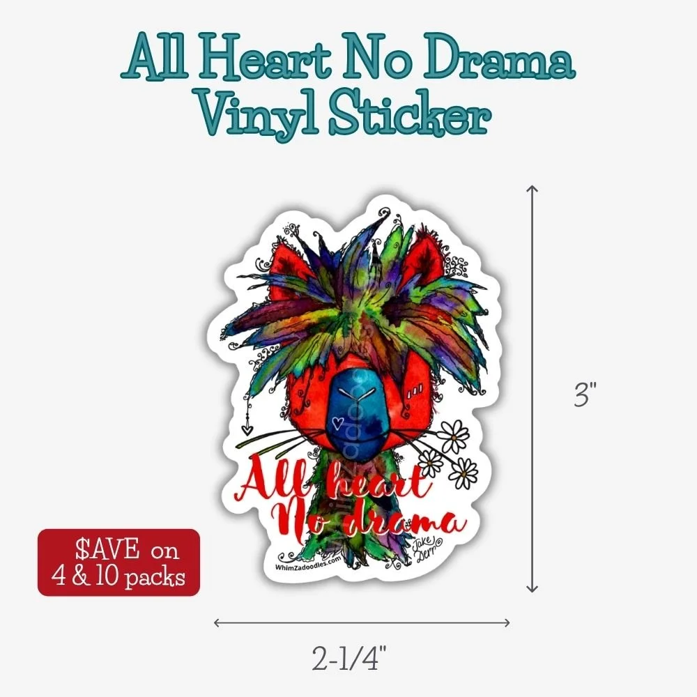 All Heart No Drama llama vinyl sticker with whimsical watercolor artwork celebrating kindness, compassion, calm confidence, and positive living.