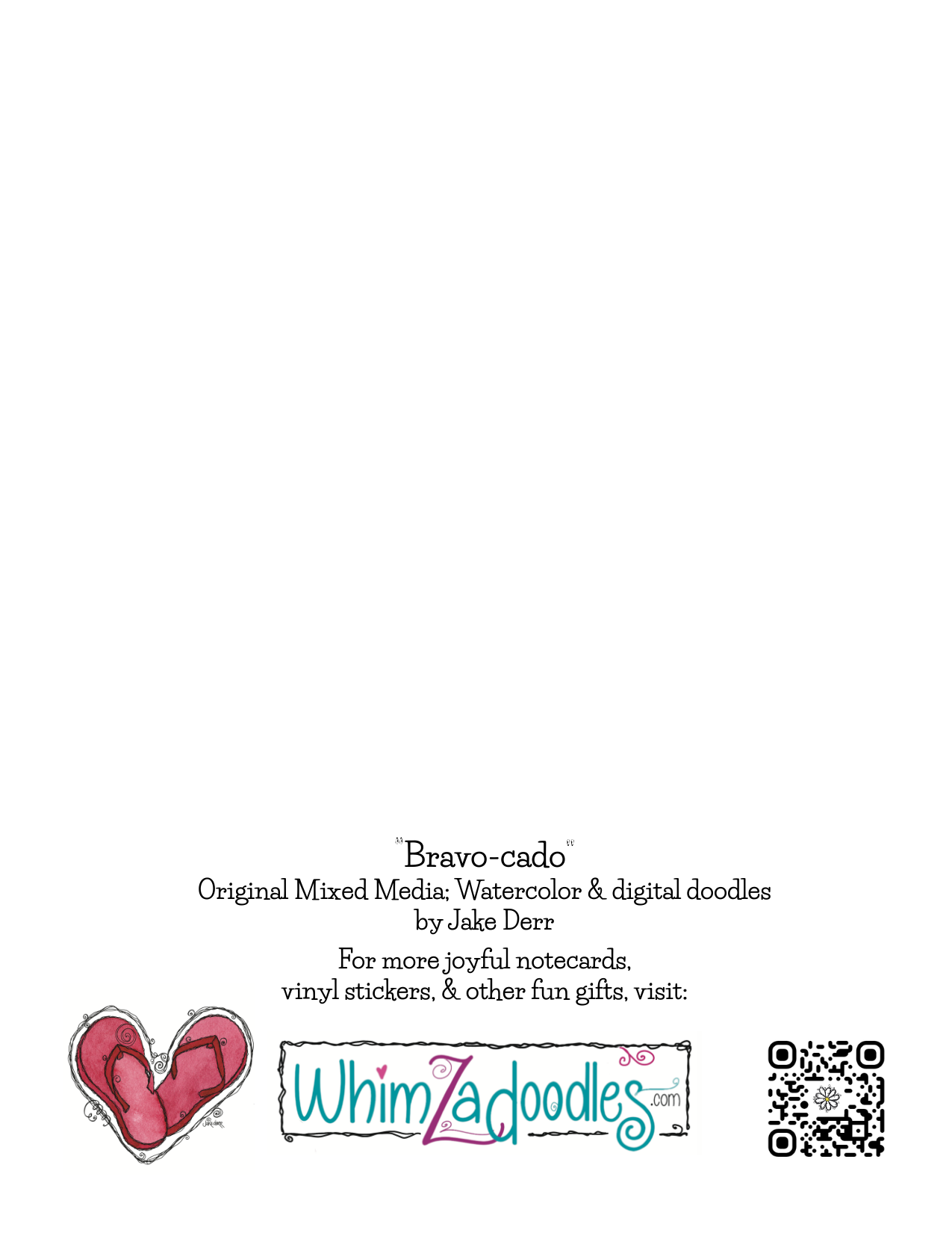 Back of Bravocado note card showing Flip-Flop Love illustration with curly doodle details, artist branding, and QR code for WhimZadoodles