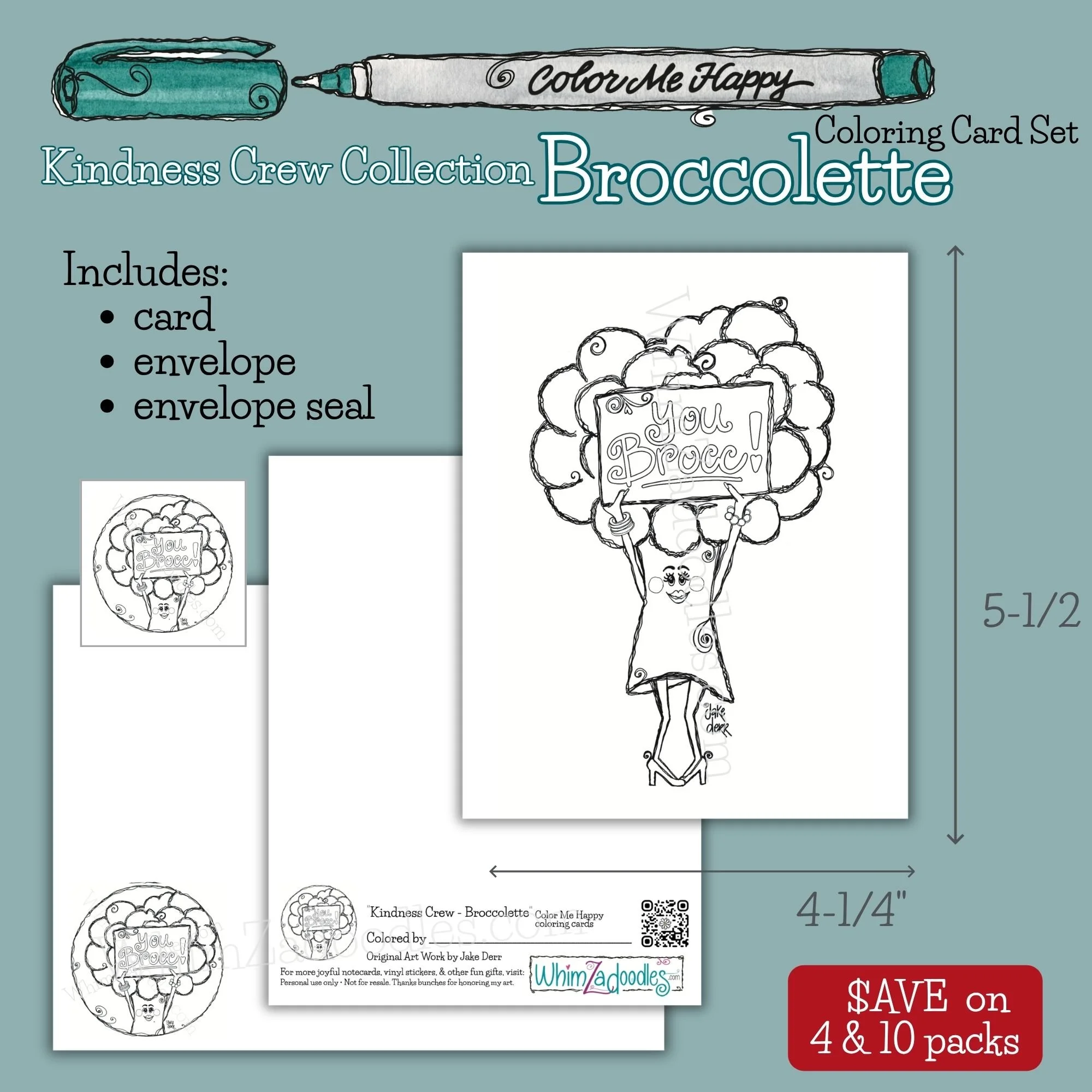 Color Me Happy coloring card set featuring Broccolette the broccoli character with matching colorable envelope and seal.