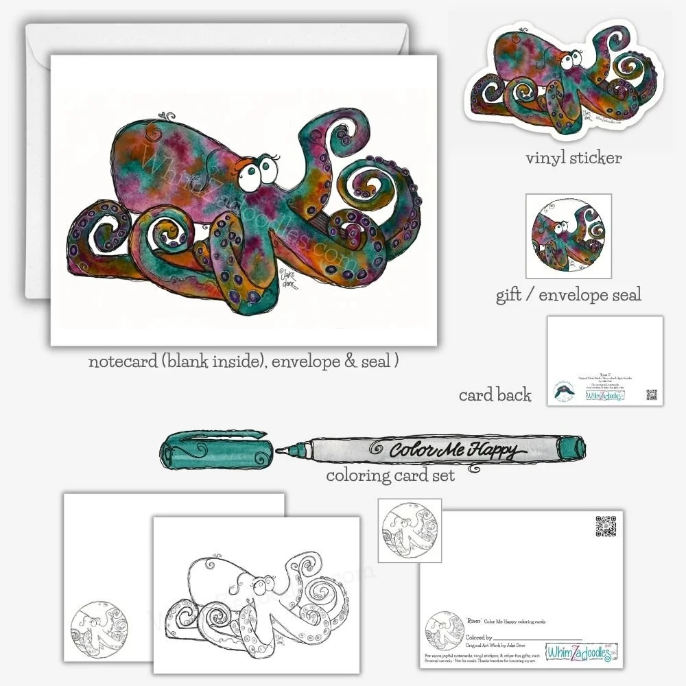 River O octopus collection featuring watercolor greeting cards, stickers, envelope seals, and encouraging ocean-themed gifts.