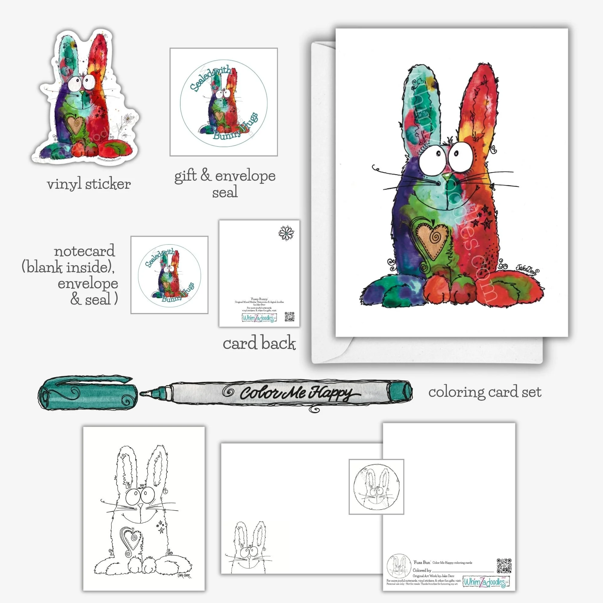 Fuzzy Bunny watercolor rabbit gift collection featuring notecards, vinyl stickers, envelope seals, and Color Me Happy coloring cards.