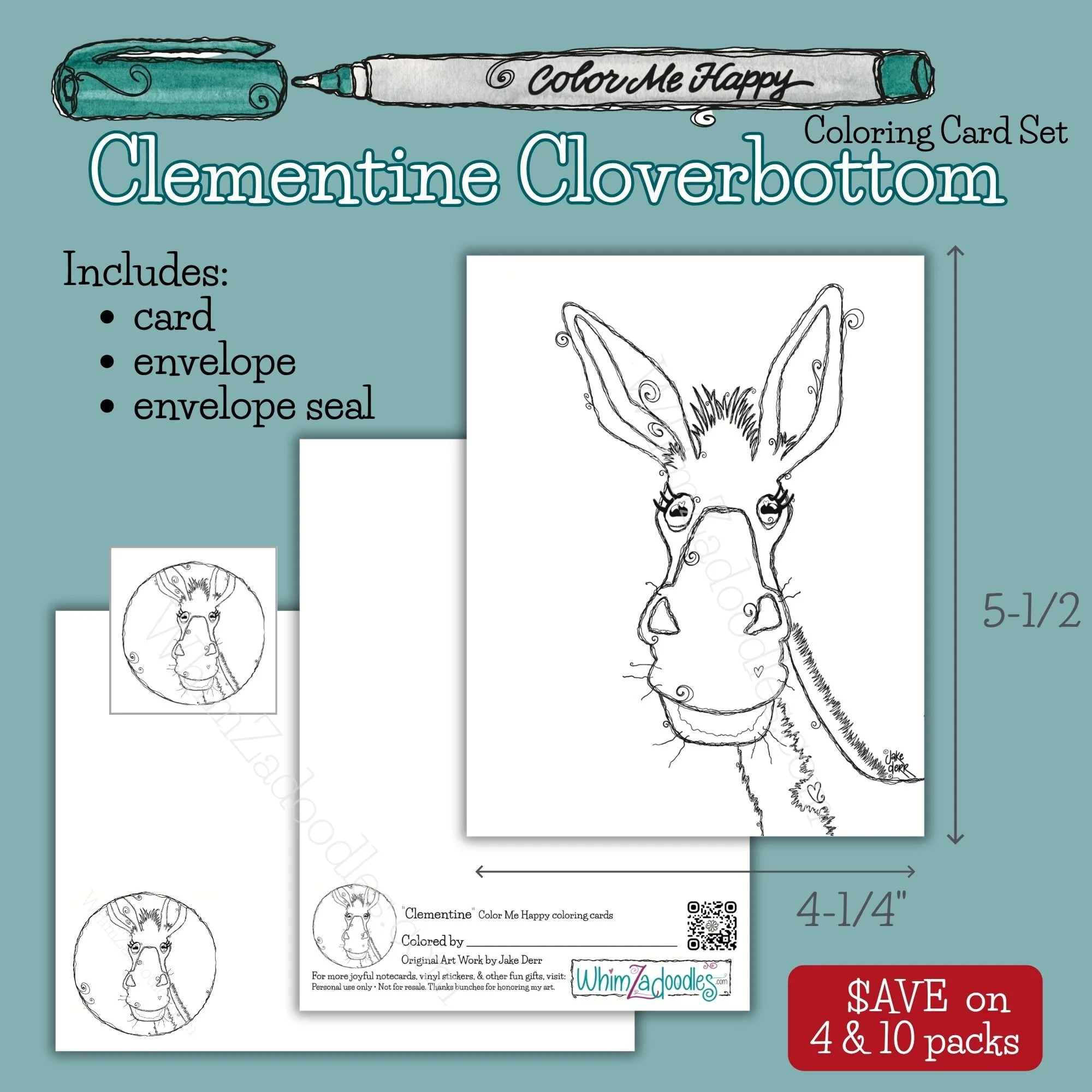 Color Me Happy greeting card featuring Clementine Cloverbottom donkey line art designed for coloring with markers, colored pencils, or gel pens.
