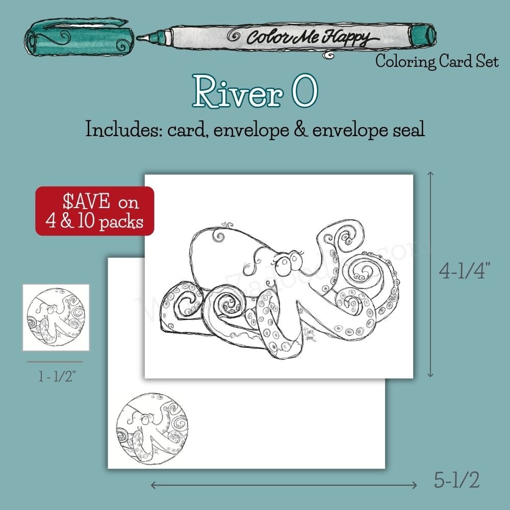 Color Me Happy River O octopus card set with black-and-white doodle artwork designed for coloring, encouragement, Happy Mail, and thoughtful handmade messages.