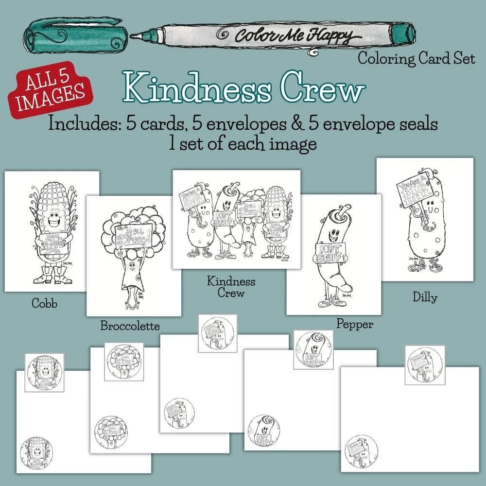 Complete Kindness Crew collection featuring the full gang, Dilly the cucumber, Broccolette the broccoli, Cob the corn, and Pepper the chili pepper in whimsical watercolor artwork.
