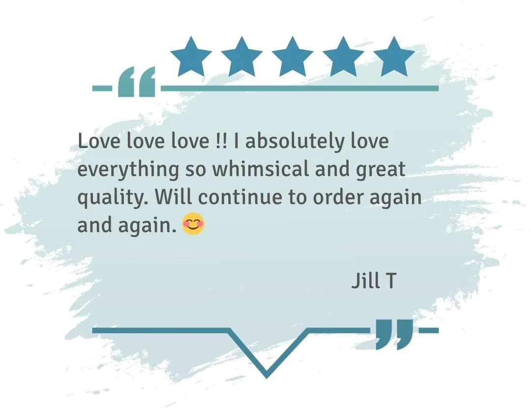 Five-star review sharing love for whimsical artwork and strong product quality, with customer returning to order again