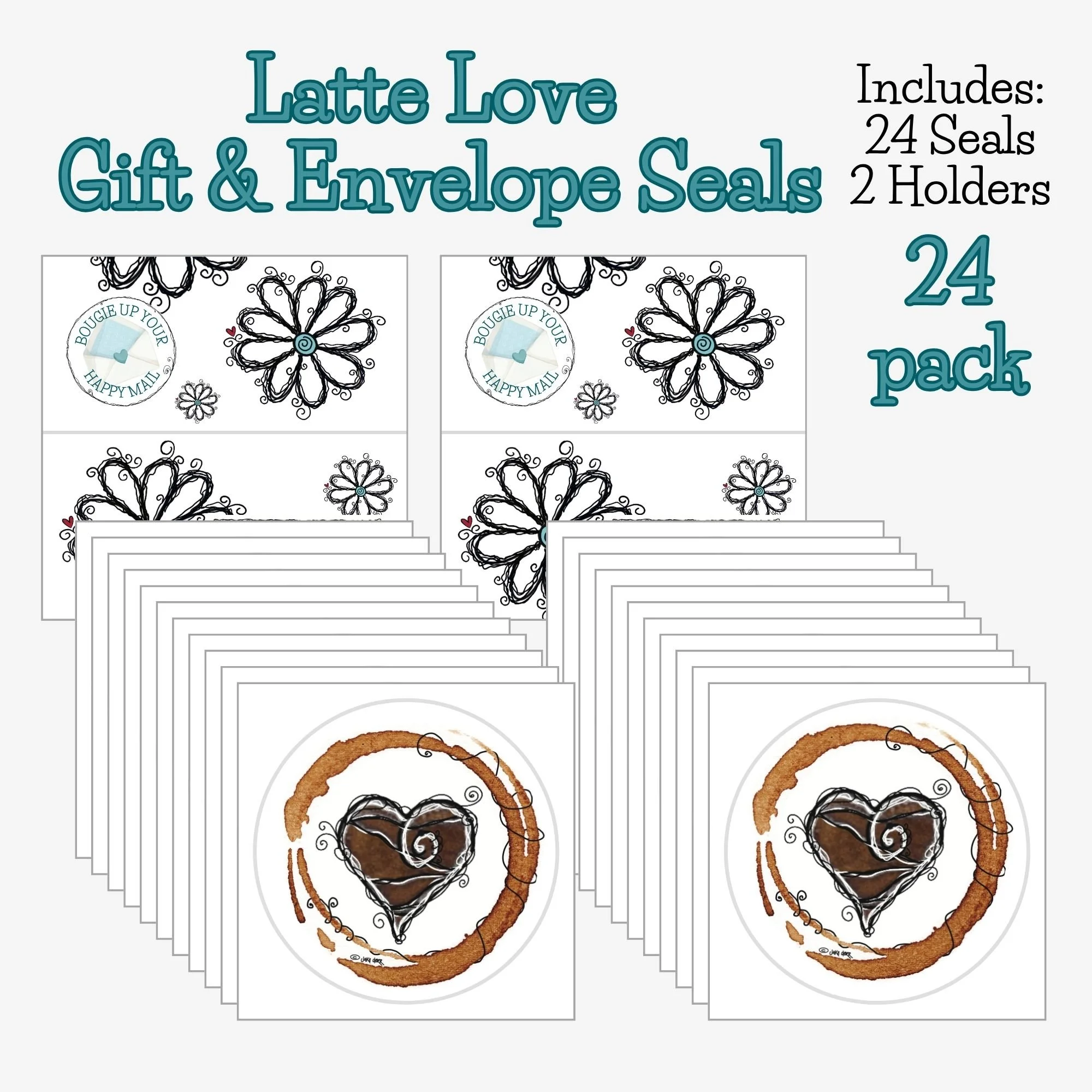 Twenty-four Latte Love envelope seals in bulk with espresso heart artwork and coffee stain ring, perfect for packaging, planners, and heartfelt notes.jpg