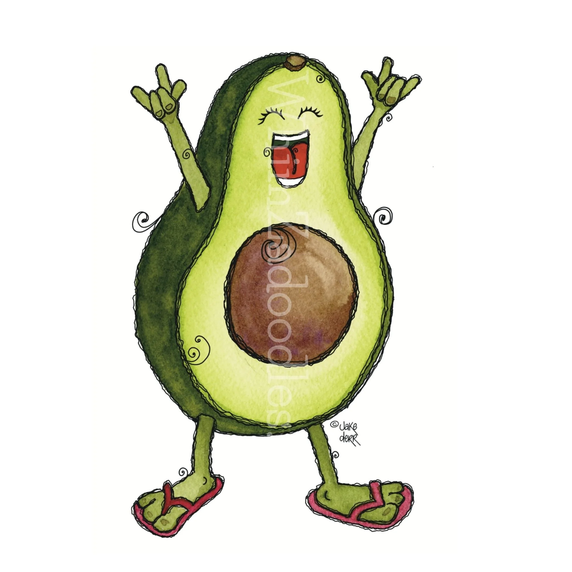 Smiling avocado character raising hand in “I love you” sign language gesture, painted in whimsical watercolor style