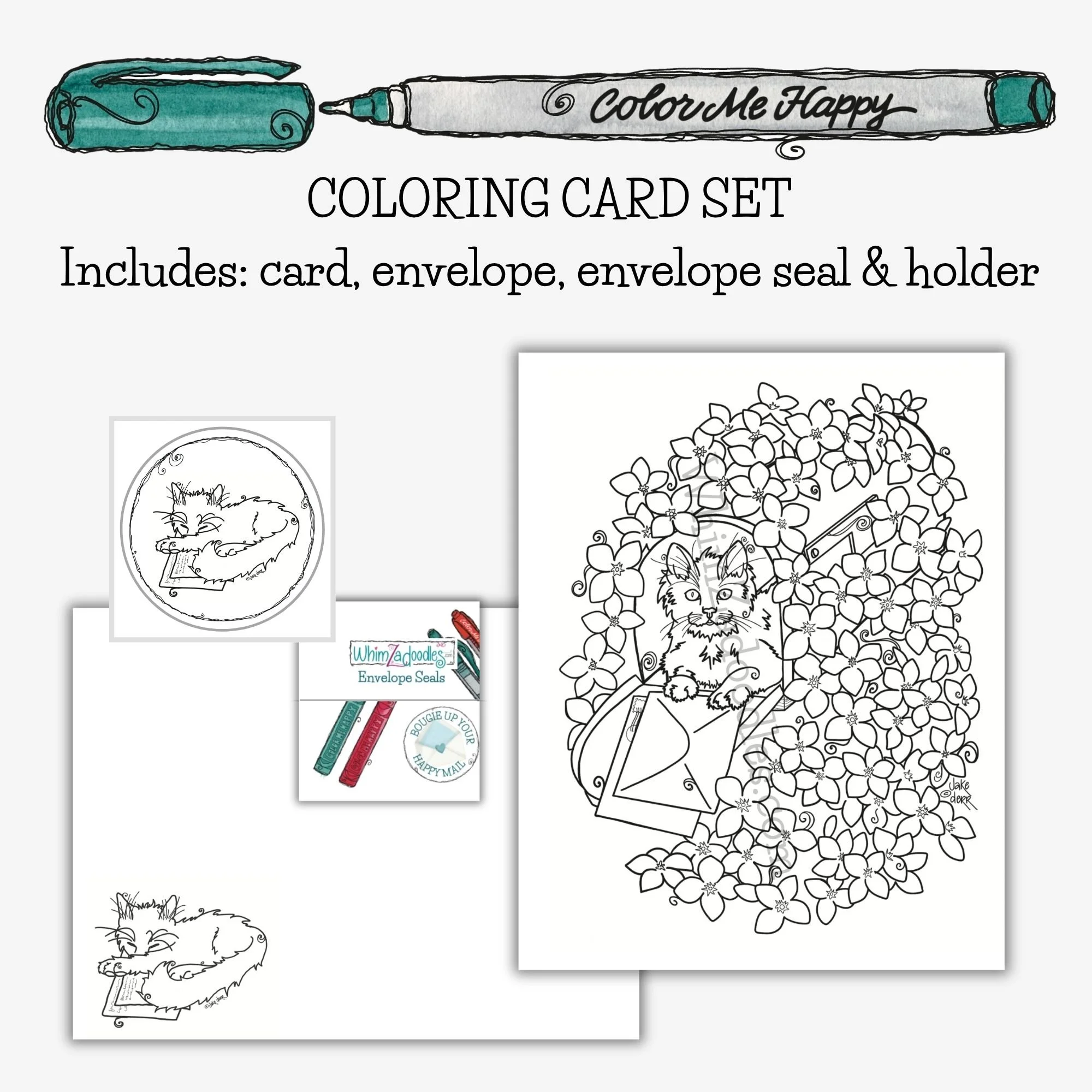kitten floral line art card paired with matching envelope and coordinating circular seal