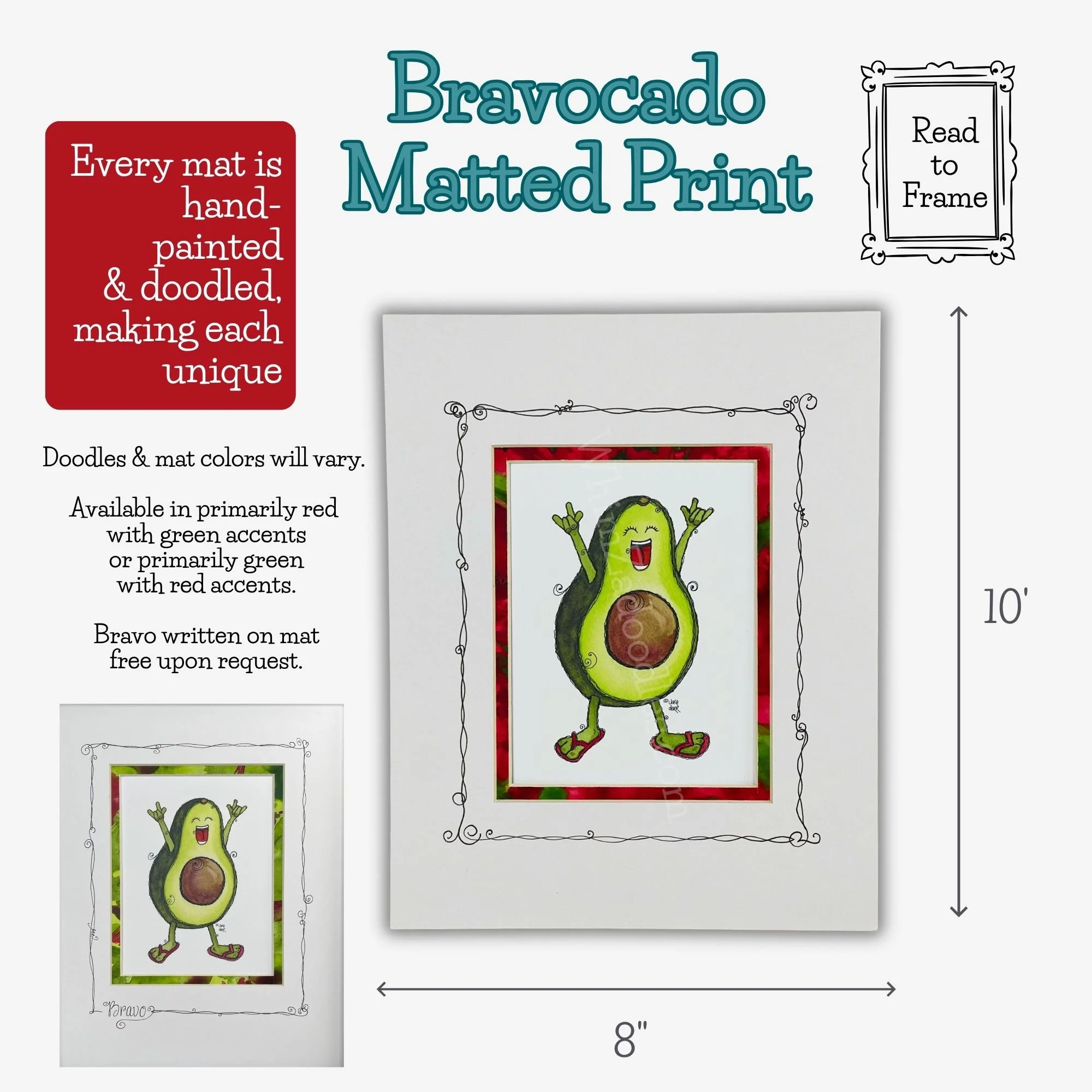 art-ready-to-frame-with-dimensions Bravocado watercolor avocado art matted and ready to frame, with dimensions and colorful hand-painted and doodled mat details.