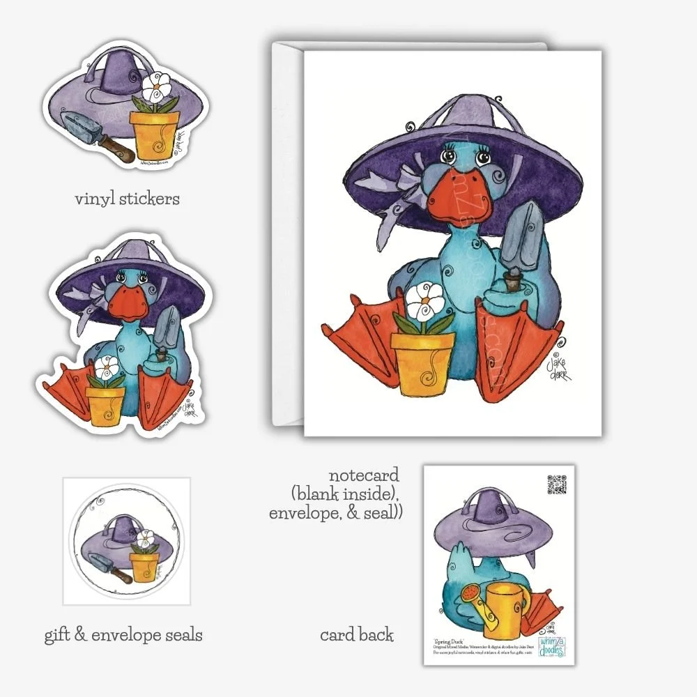 Spring Duck watercolor collection featuring greeting cards, vinyl stickers, garden-themed accessories, and coordinating envelope seals with whimsical spring garden artwork.