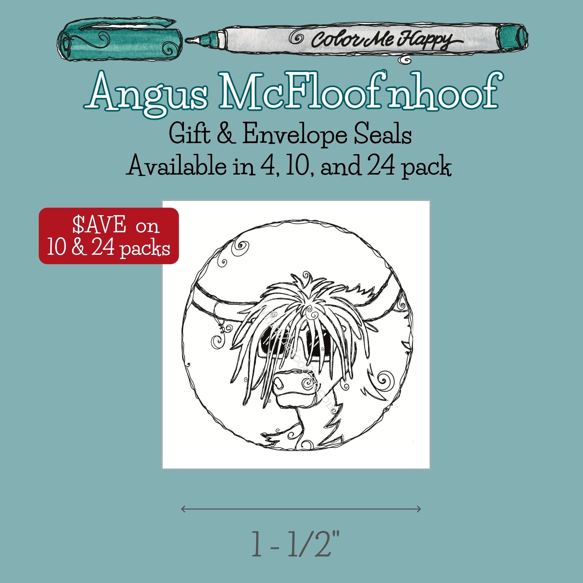 Colorable envelope and gift seals featuring a whimsical Highland cow design that can be customized with markers, pencils, or gel pens.
