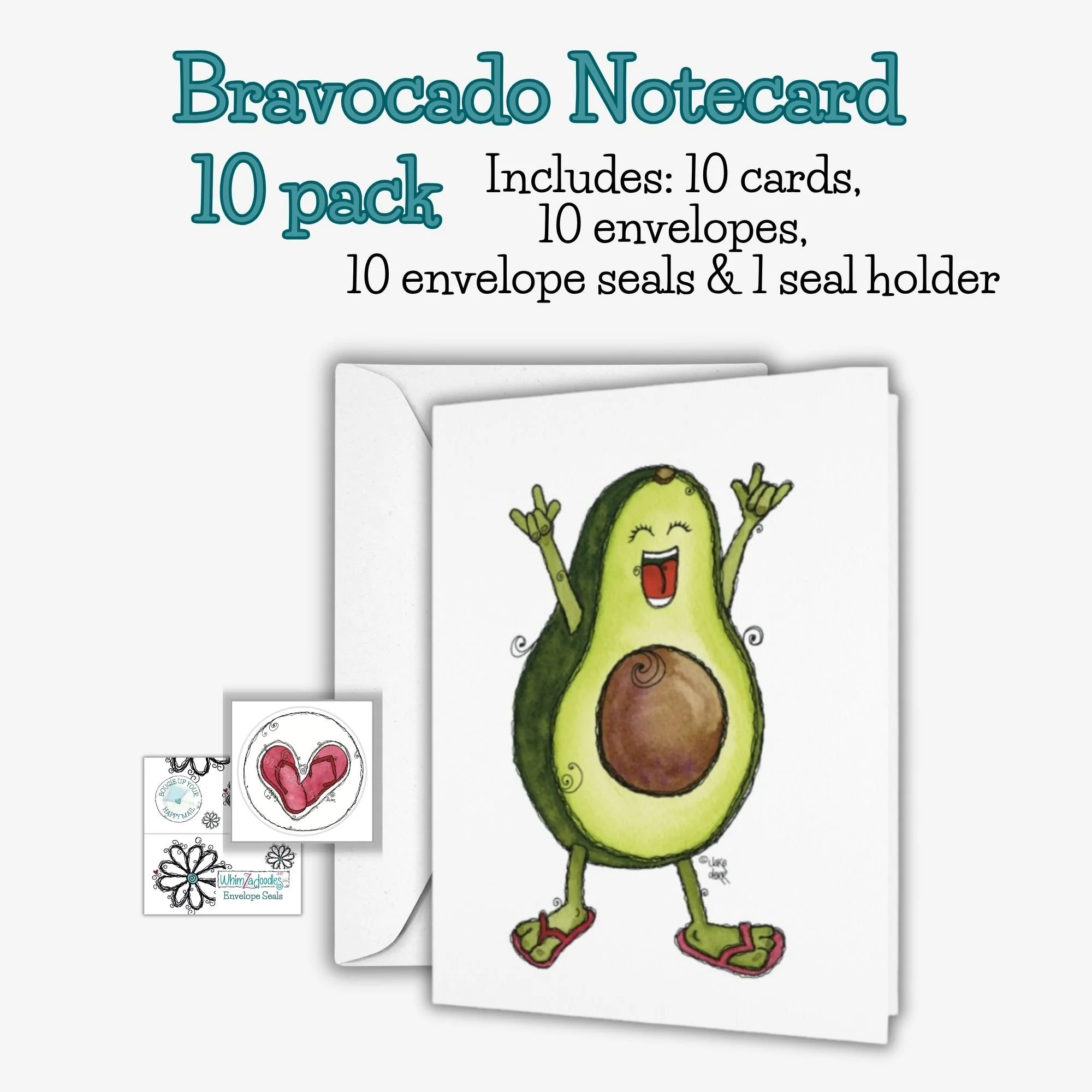 Ten Bravocado note cards with playful avocado illustration and blank interior for messages